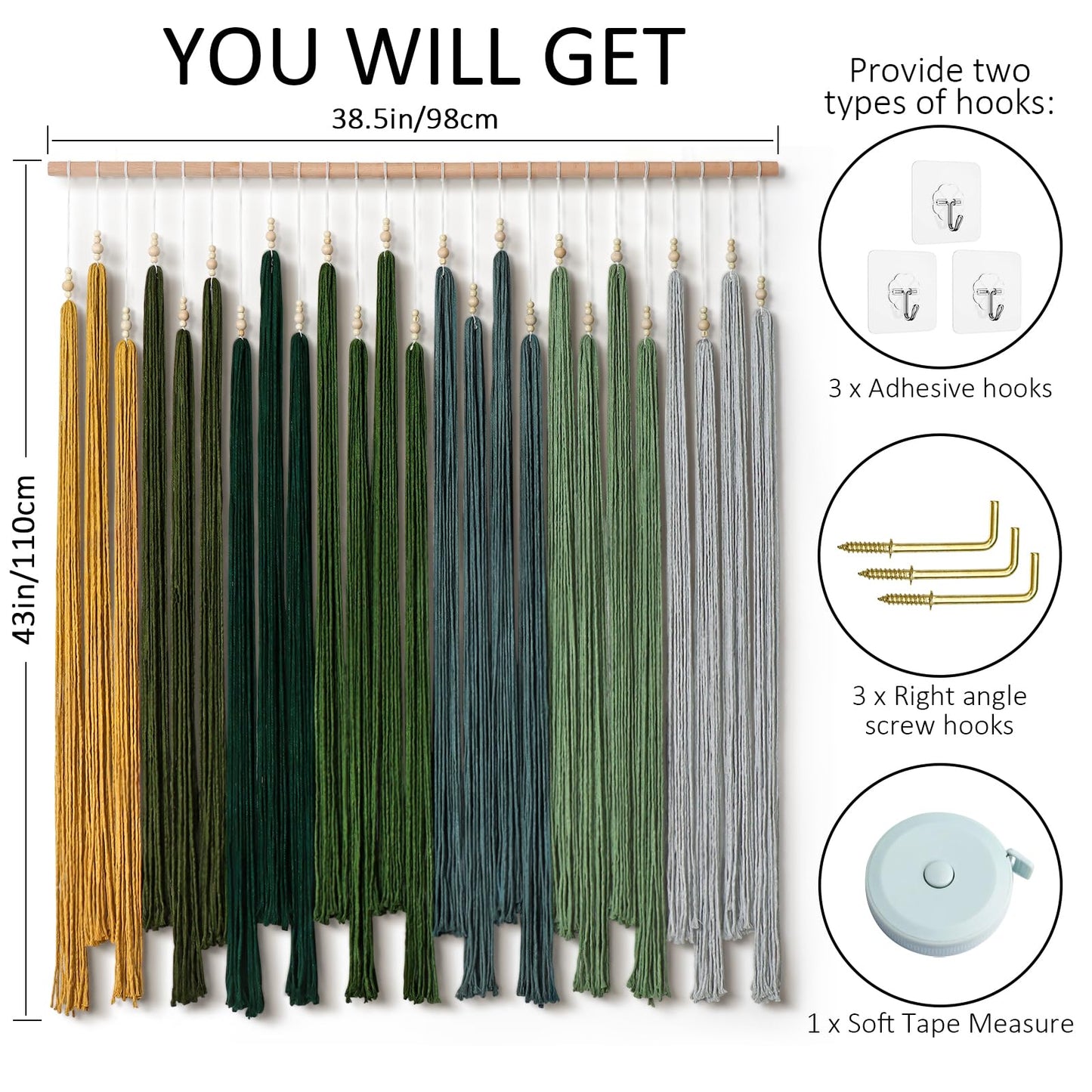 KHOYIME Macrame Wall Hanging Large Boho Home Decor Aesthetic, Bohemian Green Tassels Tapestry Modern Handmade Artwork Chic Wall Art Decorations for Living Dining Room Bedroom Nursery Office 38.5"x43"