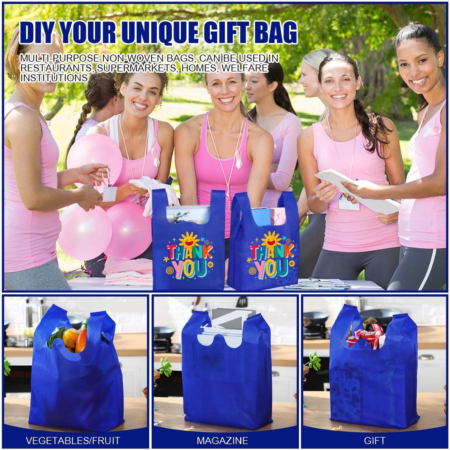 Windyun Large Grocery T-shirt Bags Bulk Reusable Non Woven Shopping Bag Foldable Gift Tote with Handle, 21x11x6 Inch(100 Pcs,Navy Blue)