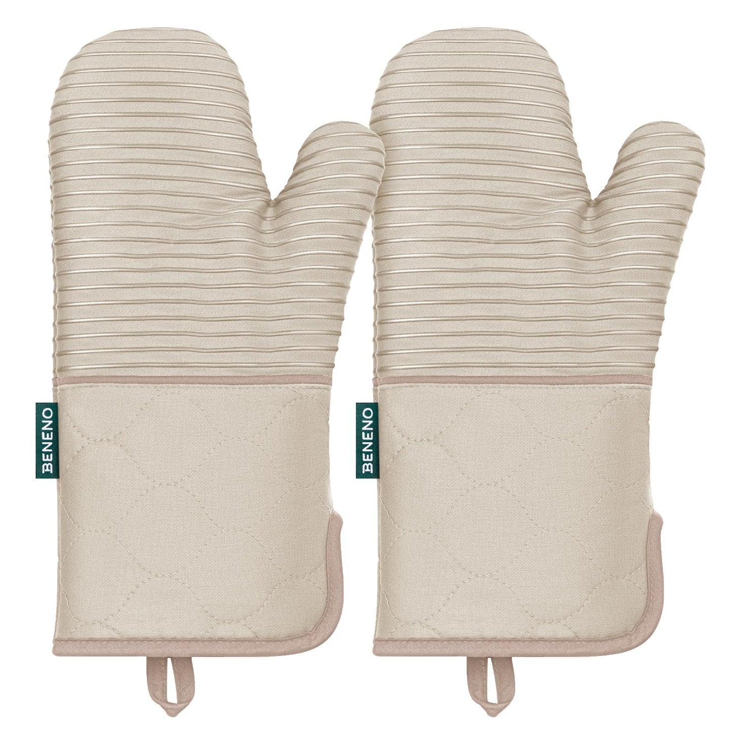 Beneno Kitchen Oven Mitts 2-Pack Heat Resistant to 500°F with Non-Slip Silicone Grip, Extra Long 14.3" Forearm Protection, Soft Quilted Cotton Terry Lining, Ideal for Cooking, Baking, Grilling, Beige