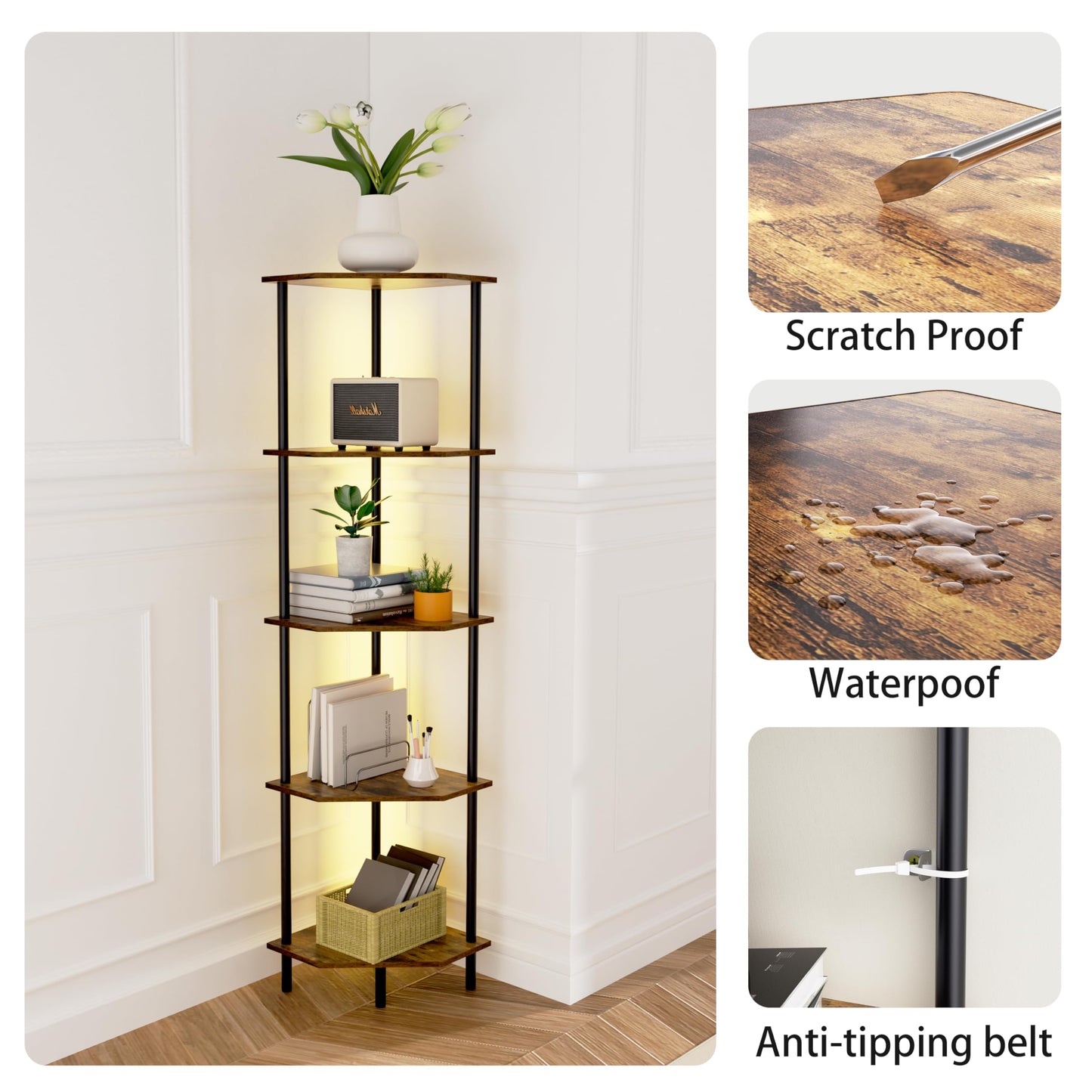 Corner Shelf Stand, Storage Standing Shelf Unit with Metal Frame, Narrow Bookshelf with LED Light Brown Plant Display Stand, Multi Unit Organizer Corner Cabinet for Bedroom, Living Room (5 Tier)
