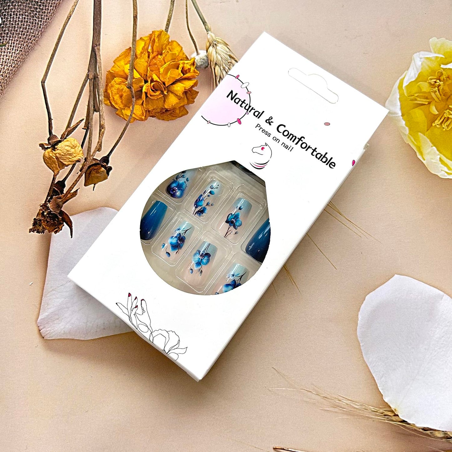 TBRZTR 24Pcs Blue Gradient Press on Nails Medium Ballet Shaped Blue Flower Pattern Design Full Cover Glossy Floral Stick on Nail Medium False Nail Artificial Acrylic Press Ons Glue on Nail for Women