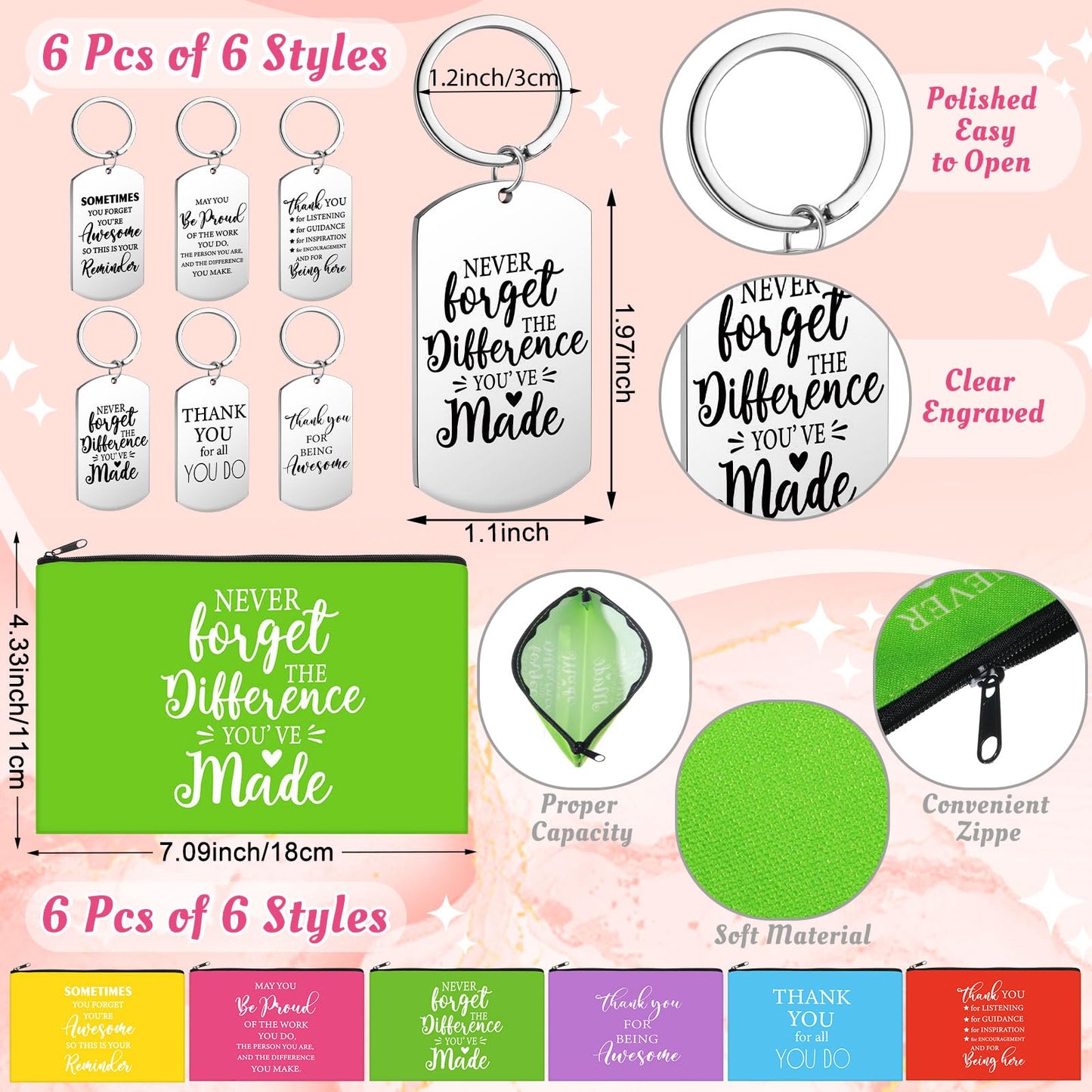 30 Pcs Volunteer Appreciation Gifts Bulk Include 6 Inspirational Makeup Bag 6 Colorful Gift Bag 6 Keychain 6 Marble Notepad and 6 Bamboo Ballpoint Pen for Staff Team Volunteer Week