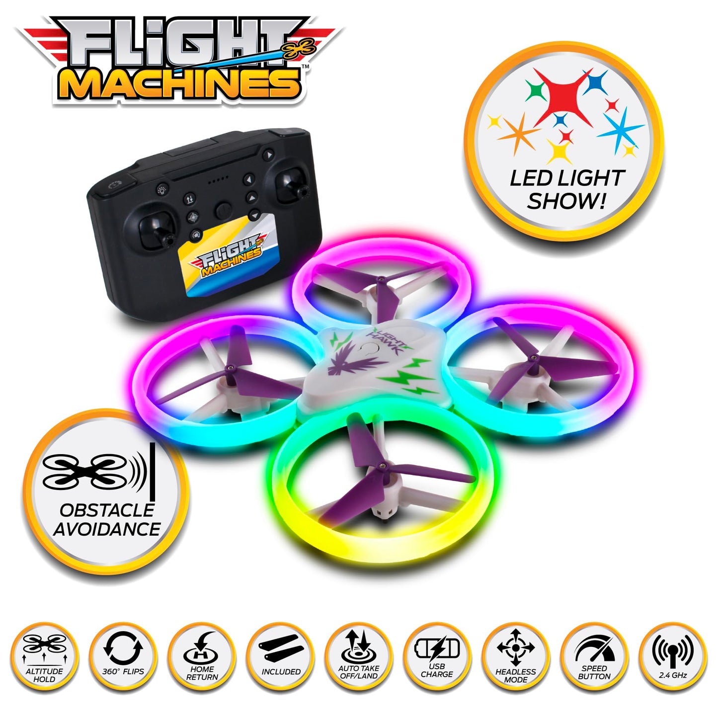 NKOK Fight Machines: 2.4GHz LightHawk Quadcopter - RC Drone, Features Altitude Hold Stunts, Obstacle Avoidance, LED Light Show Effects, Kids Ages 8+