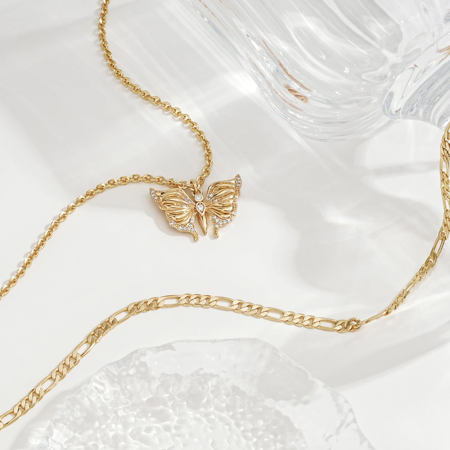MEVECCO Gold Butterfly Layered Necklace for Women 18K Gold Plated Dainty CZ Charm Figaro Choker Chain Double Layer Pendant Necklace Stack Minimalist Handmade Layering Jewelry Set Gift