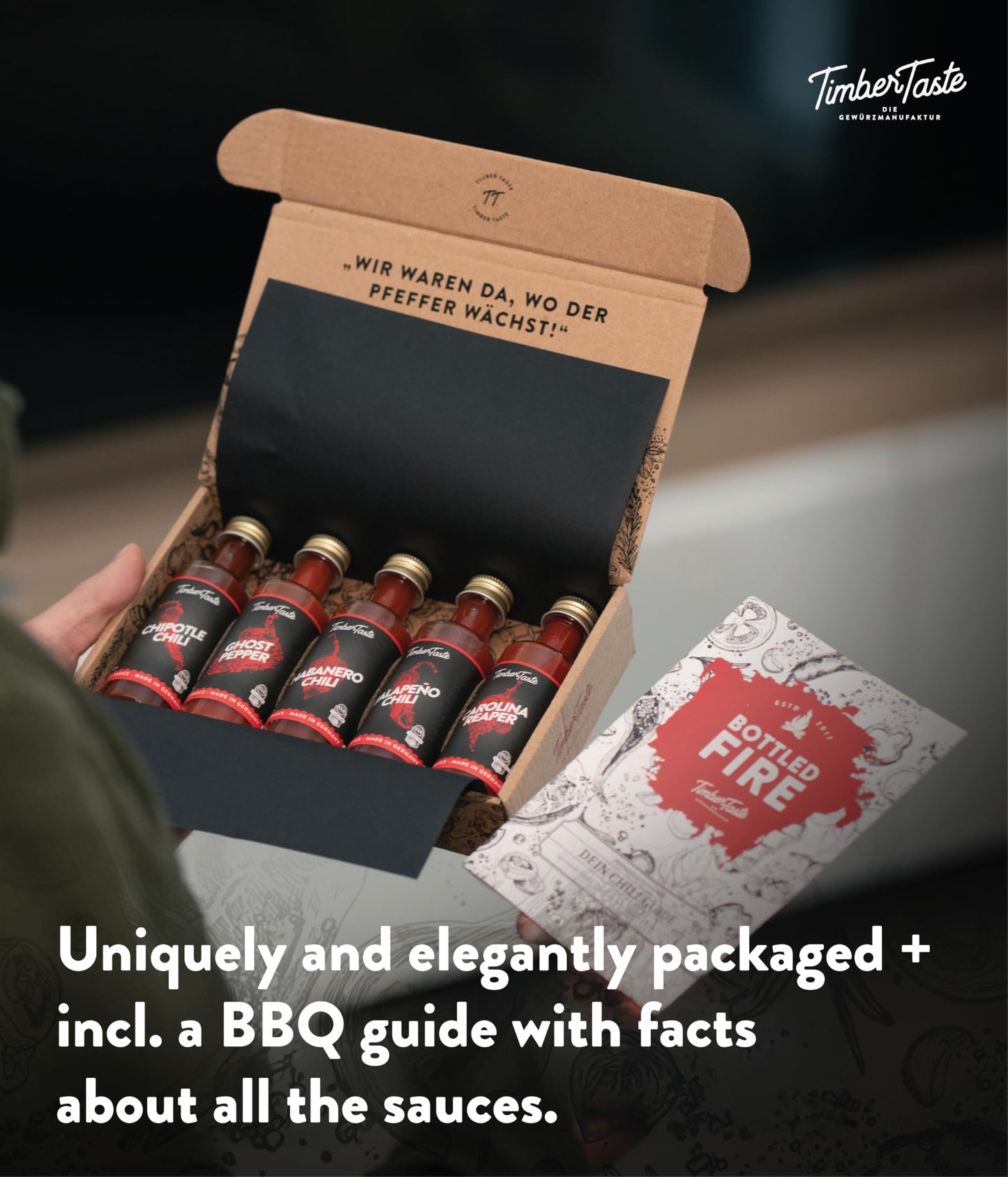TIMBER TASTE® BBQ Sauce Gifts for Men [5x40 ml] - BBQ Sampler Set with Rubs and 5 Gourmet Barbecue Blends | BBQ Gift Sets | Grill Sauces Gift Set | BBQ Sauce Kit for Dads Birthday Present Box