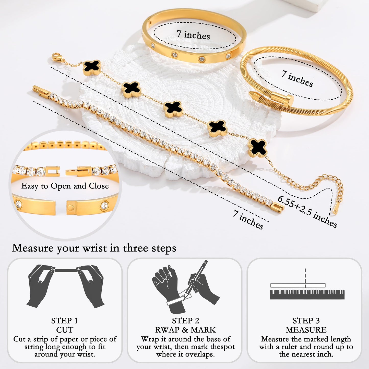 Jzrow 18K Gold Plated Bangle Bracelets Stack for Women,Four Leaf Clover Stackable Bracelets Non Tarnish,4 Pcs Jewelry sets Gifts(Black)