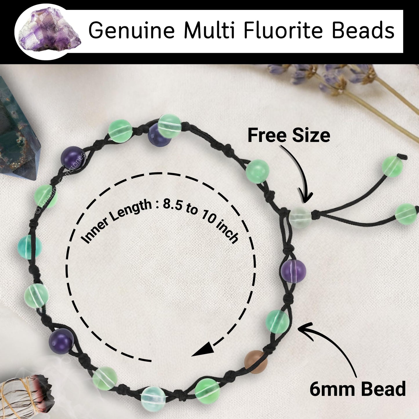 Amazing Gemstone Multi Fluorite Anklet Ankle Bracelets for Women - Waterproof Beaded Healing Crystal Anklets, Plus Size Chakra Gemstone Bead Anklet (Stretchy Adjustable - Hand Knotted)