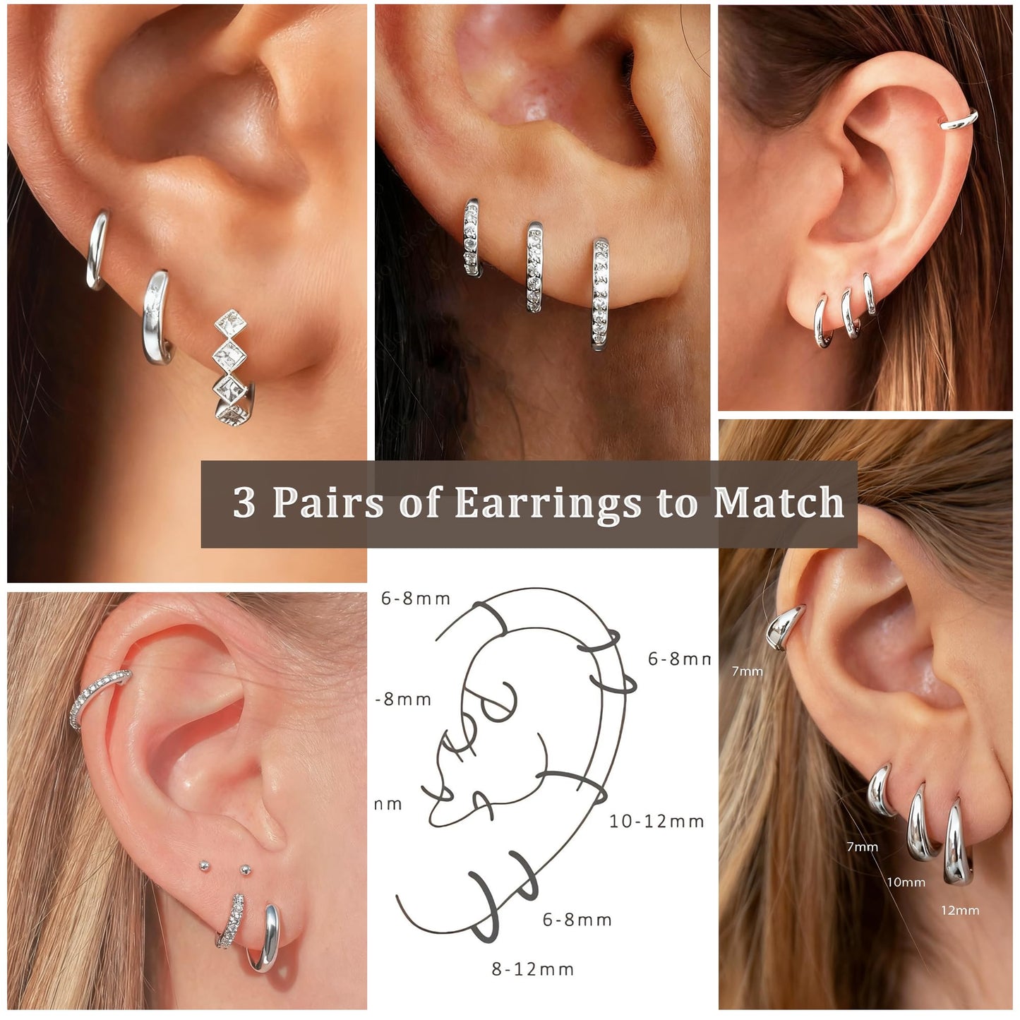 DORANA 3 Pairs 925 Sterling Silver Earrings for Women Non Tarnish Small Huggie Hoop Earrings Hypoallergenic Cartilage Hoops Stackable Earring Silver Stacks Sets for Multiple Piercing