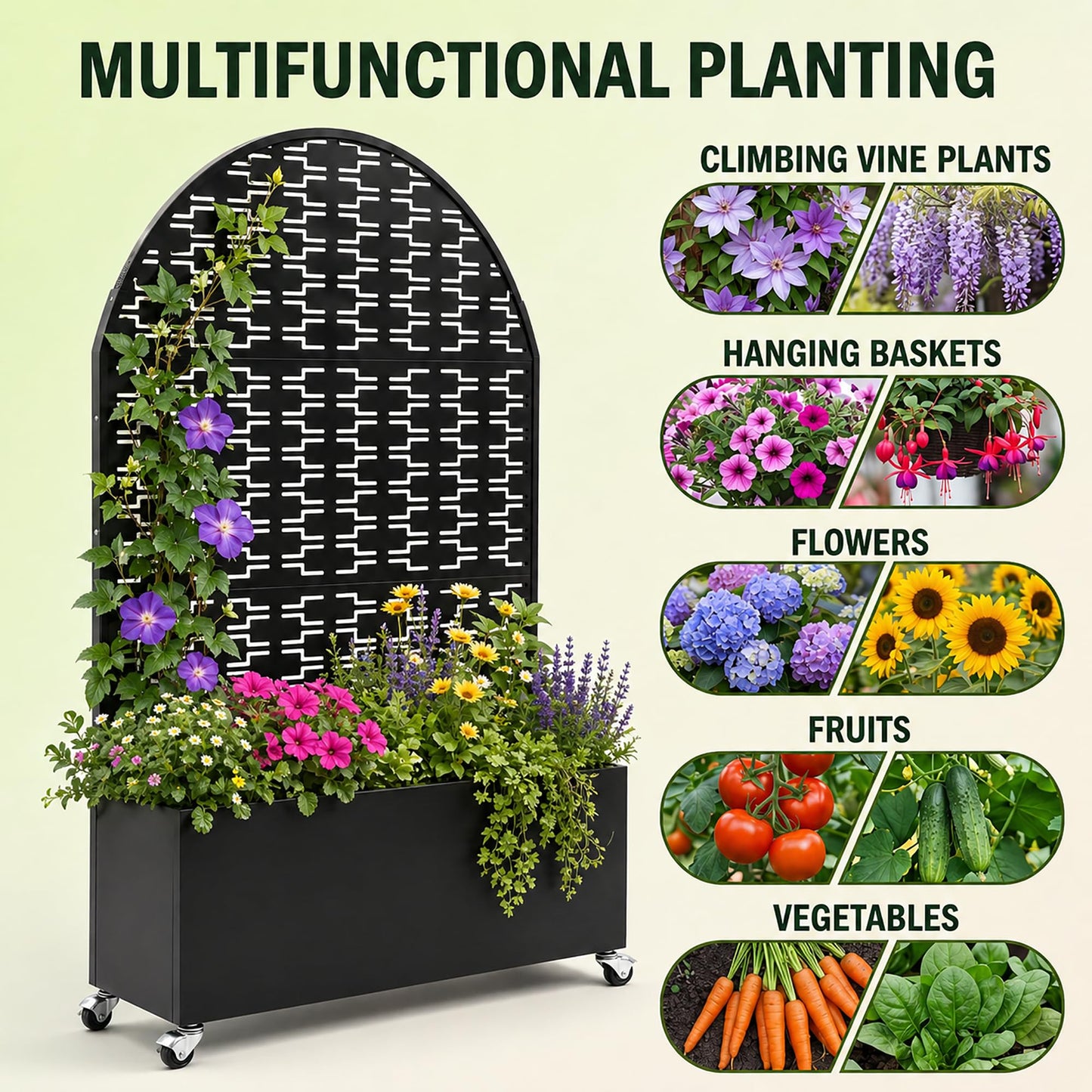 Veemuaro Metal Planter Box with Trellis, 70" H × 46" L Freestanding Outdoor Raised Garden Bed with Privacy Screen, Wheels and Drainage Holes, Arched Privacy Screen Planter Box for Backyard and Garden
