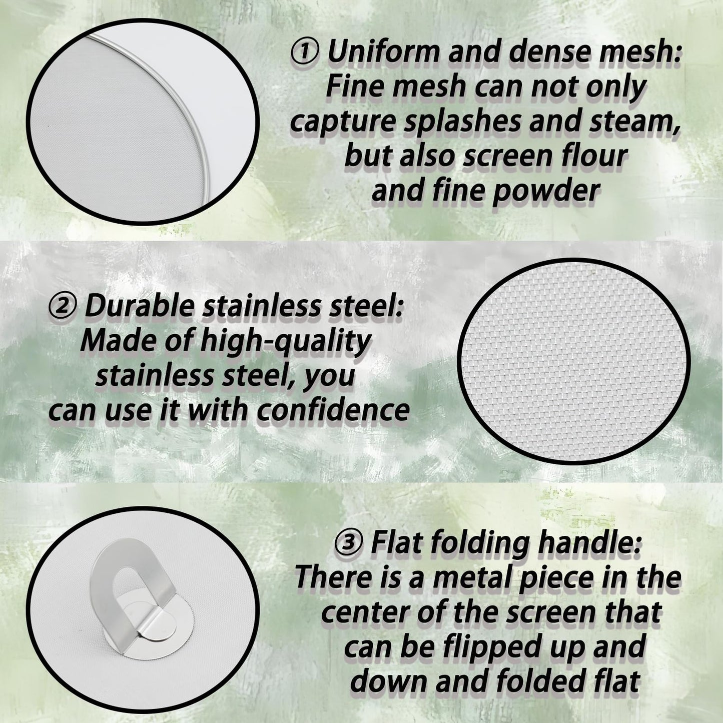 OYWOBET 3 Pack Silver Stainless Steel Splatter Screens (9.8", 11.4", 13"), Grease Splatter Guard Ultra-Fine Mesh, Foldable Knob for Cooking/Chefs/Home Cooks