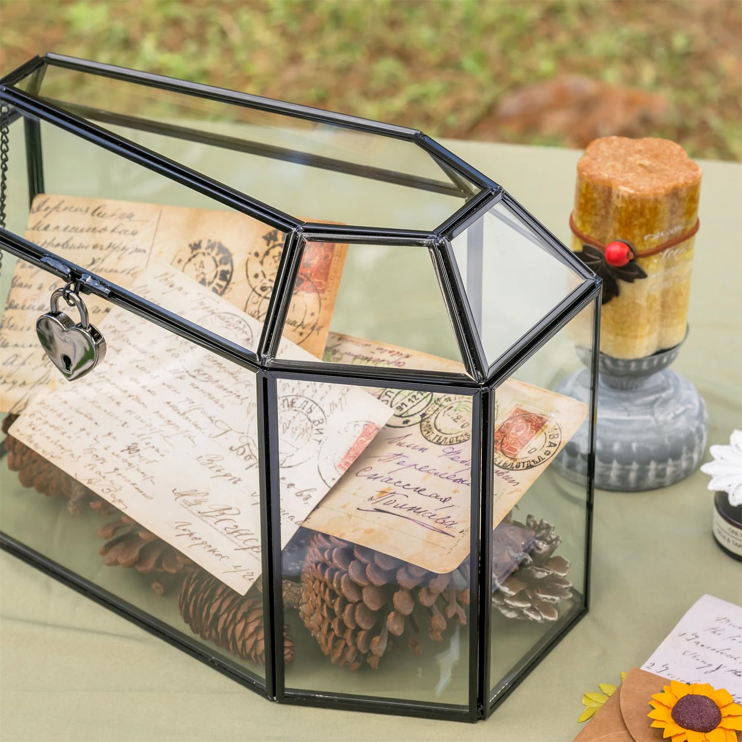 NCYP Gothic Glass Box with Swing Lid and Lock, Geometric Keepsake Card Display Organizer for Wedding Party - Halloween Decoration, Black Coffin-Shaped, 10.4" x 5.7" x 7.5" (Glass Box Only)