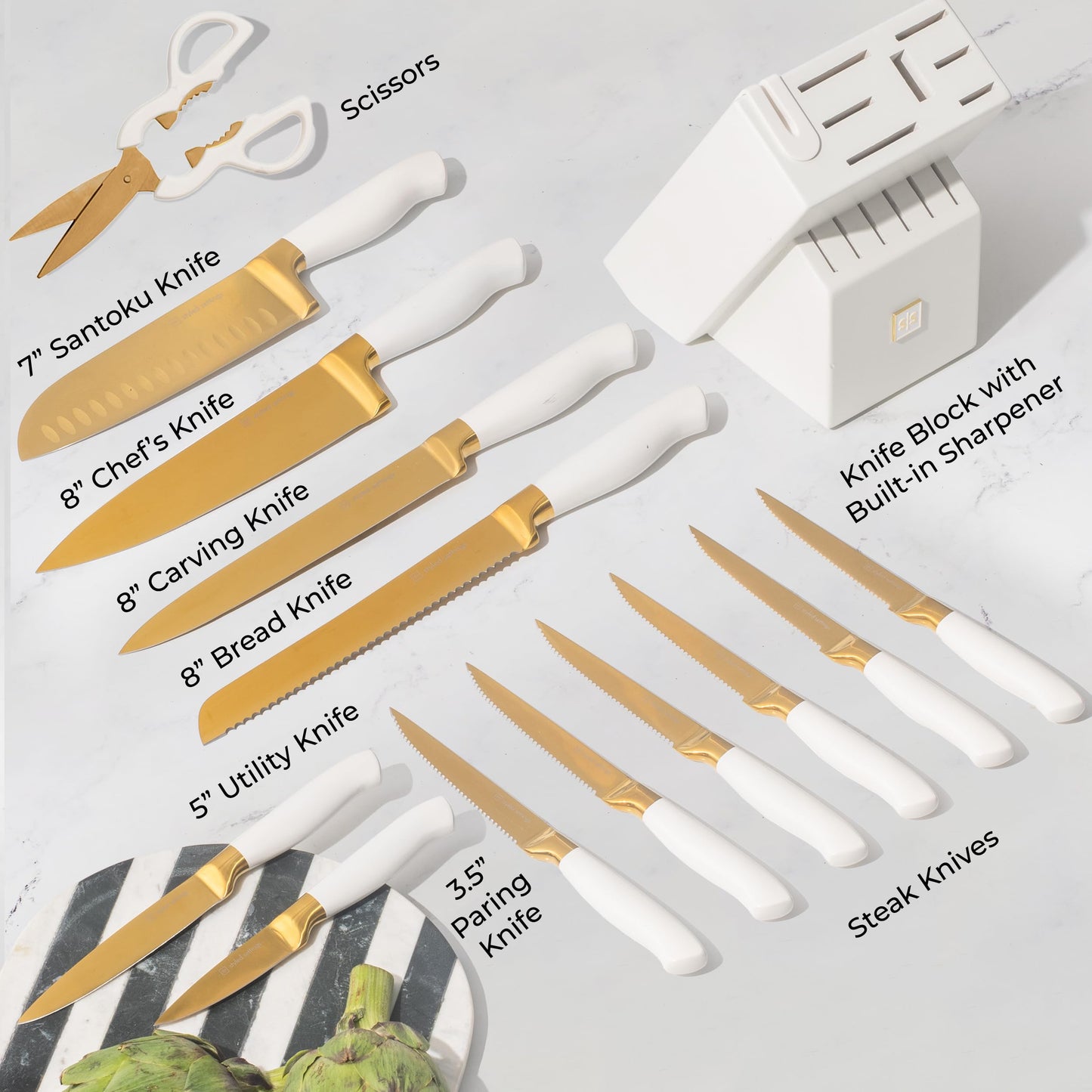 White and Gold Knife Set with Block - 14-Piece White Knife Set with Block and Built-In Sharpener – Titanium-Coated High Carbon Stainless Steel Blades - Gold Kitchen Accessories - Great for Gifting