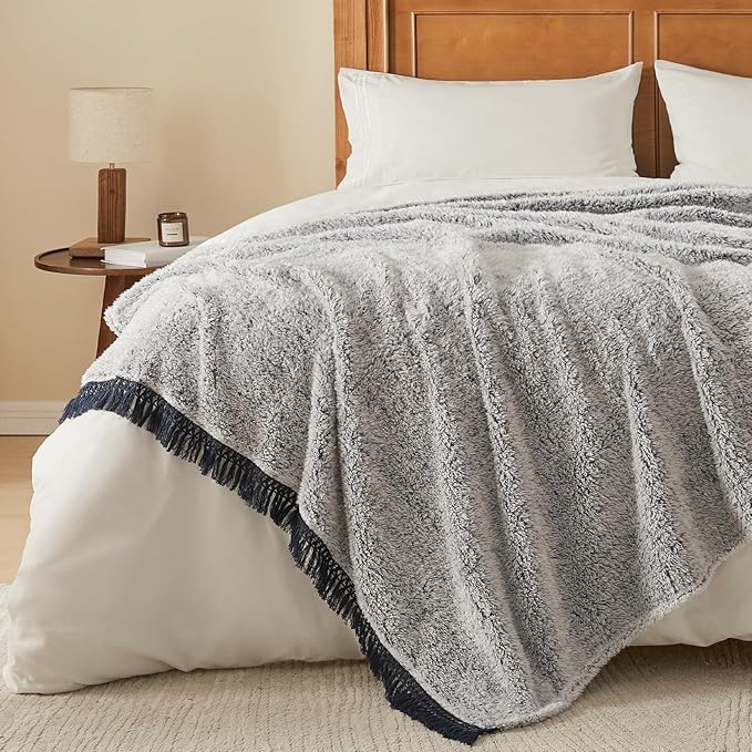 EMME Fleece Throw Blankets Soft Sherpa Plush Blankets for Couch Cozy Bed Blanket(Tassel Navy, 90"x90")