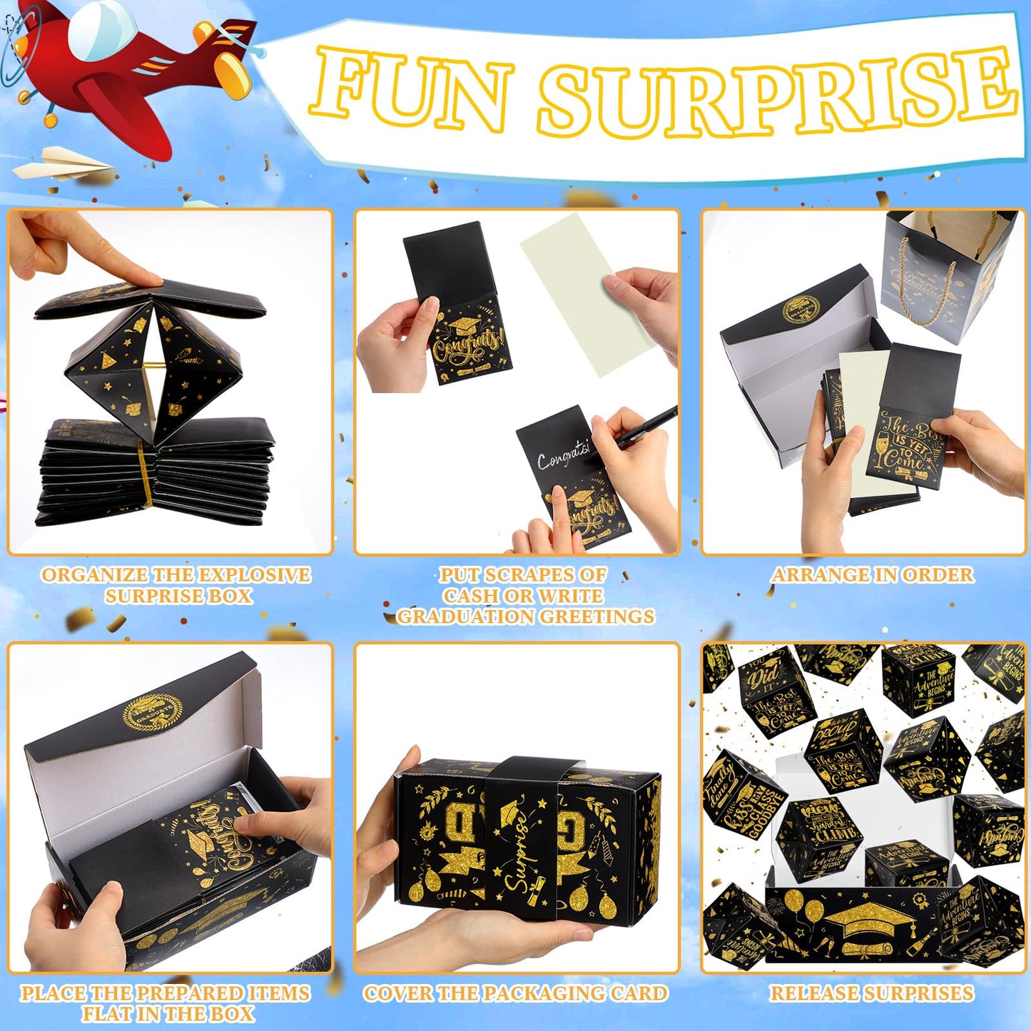 Tenceur 14 Pcs 2026 Graduation Explosion Gift Boxes 12 Bounces Exploding Money Box DIY Congrats Grad Folding Bouncing Gift Box Money Cash Explosion Gift Box for Grad College Party Favors(Black Gold)