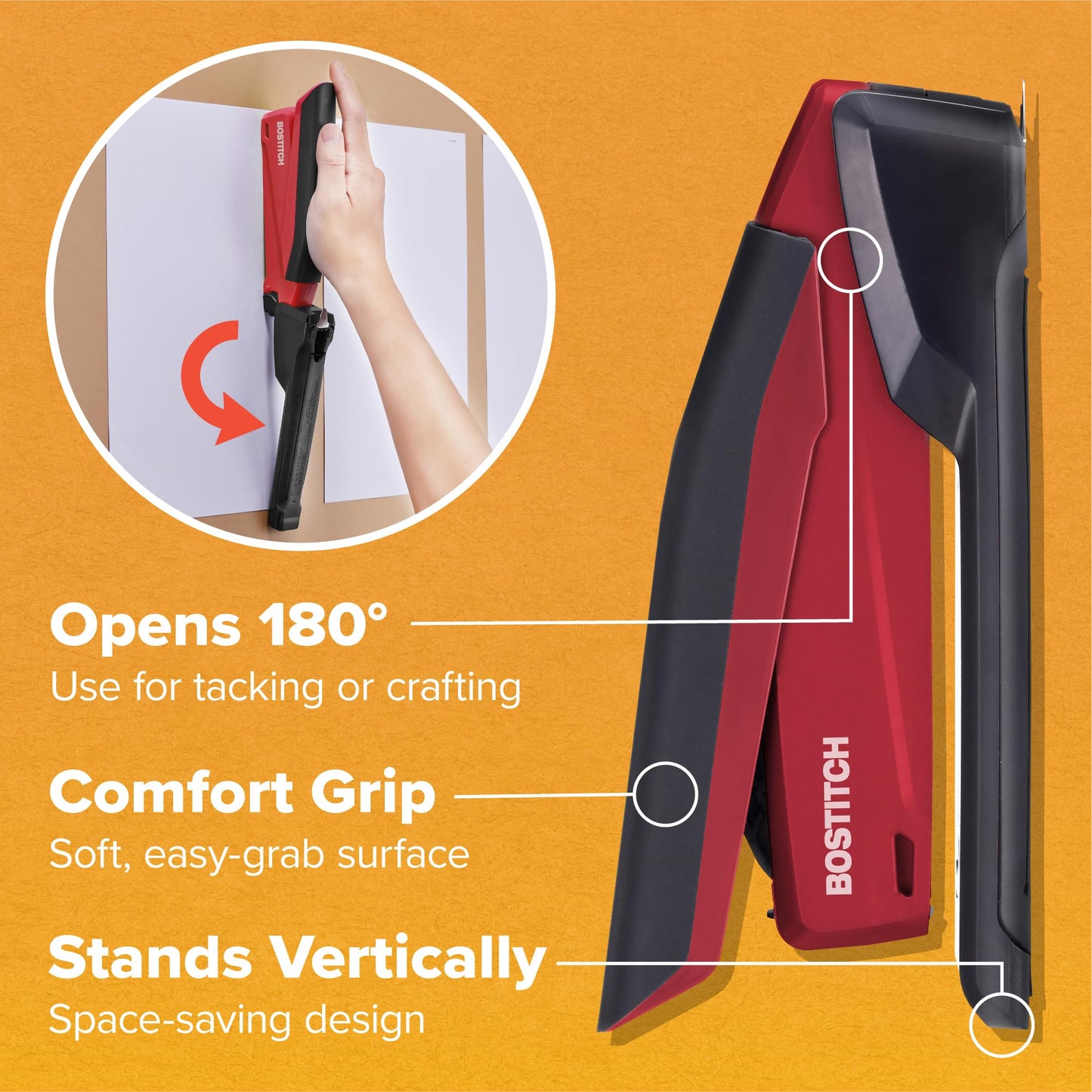 Bostitch Office Executive 3 in 1 Stapler, Includes 210 Staples and Integrated Staple Remover, One Finger Stapling, No Effort, 20 Sheet Capacity, Spring Powered Stapler, Red