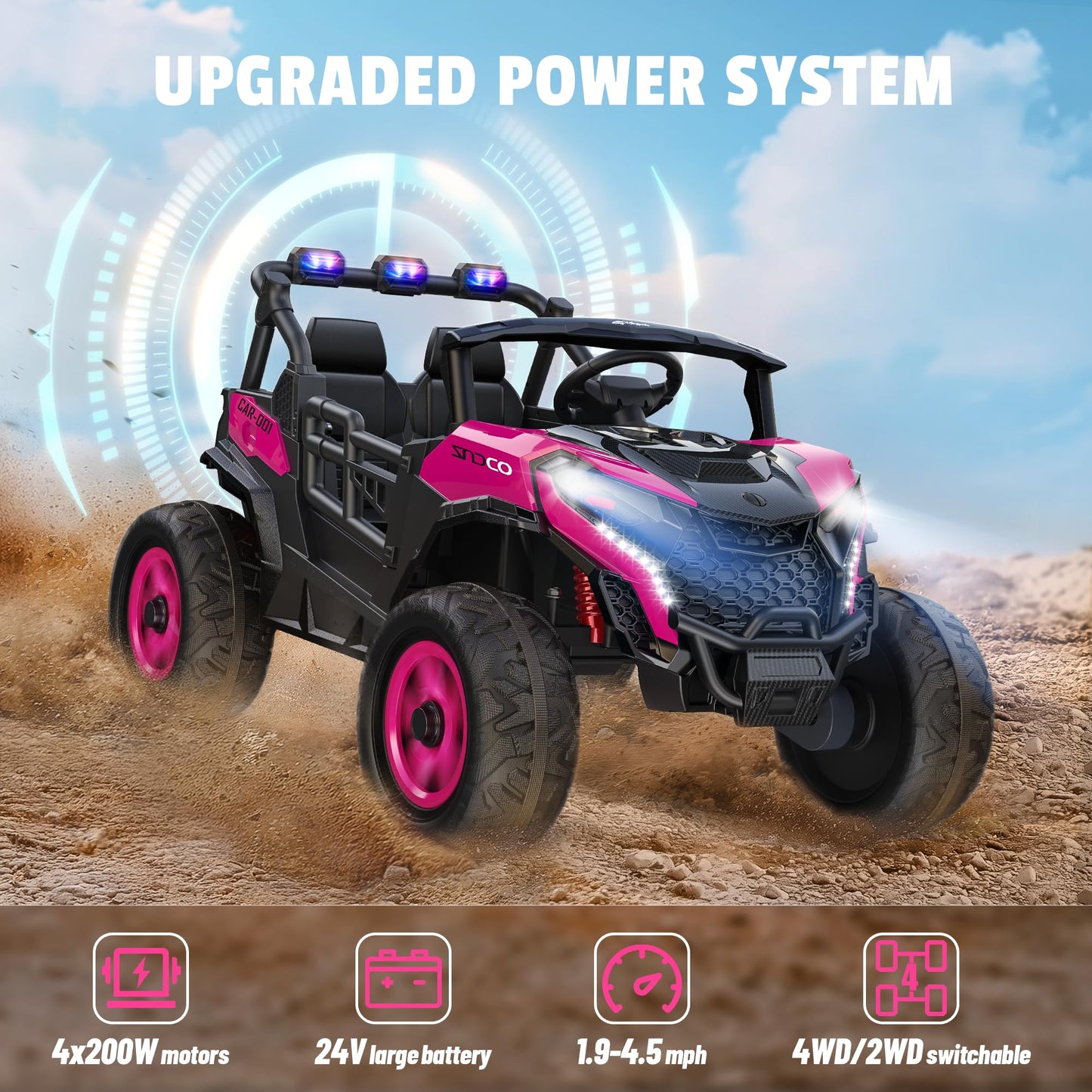 ARBELI 24V 2 Seater Ride on Car Truck 4x200W, EVA Tires, 4WD/2WD, Rainbow Lights, Remote Control, Shock Absorbers, Bluetooth, Ride on Toy for Big Kids Ages 3-8, Pink