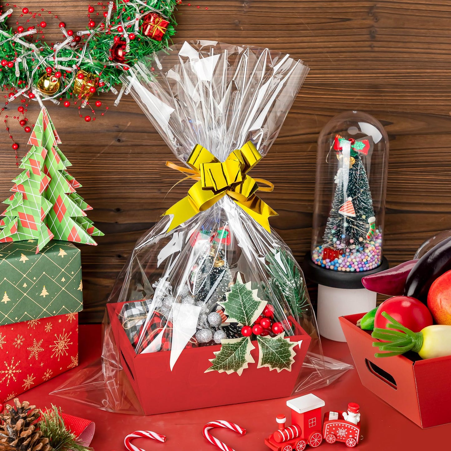 Fainne 54 Pcs Basket for Gifts Kit Include 18 DIY Empty Gift Basket Bulk, 9.8 x 8.5 x 3.5 Inches Food Storage with Handles, 18 Plastic Bags and 18 Bows for Christmas Party Gift Wrapping(Red)