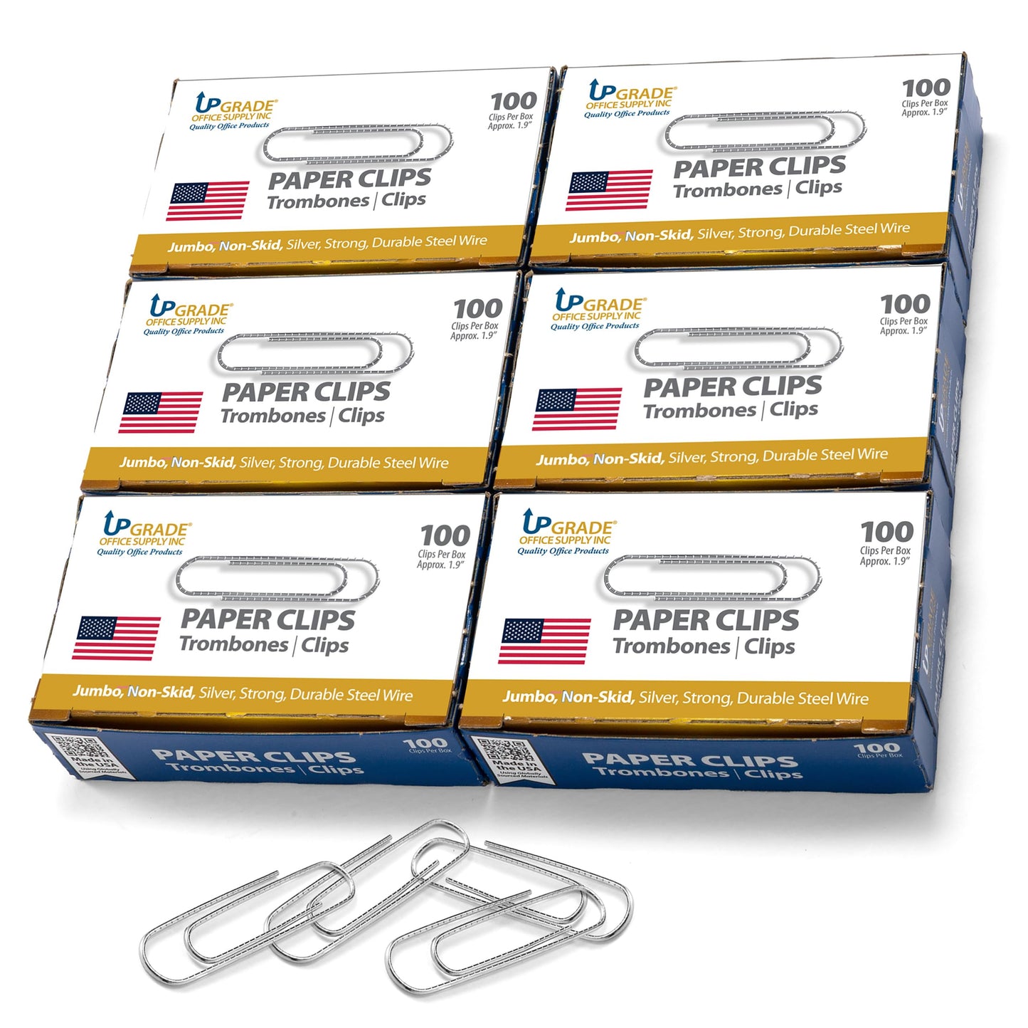 Upgrade Office Supply Jumbo Paper Clips, Non Skid, 1.9 Inch, 600 Count, 6 Boxes of 100, Silver Steel Wire Clips, Made in USA