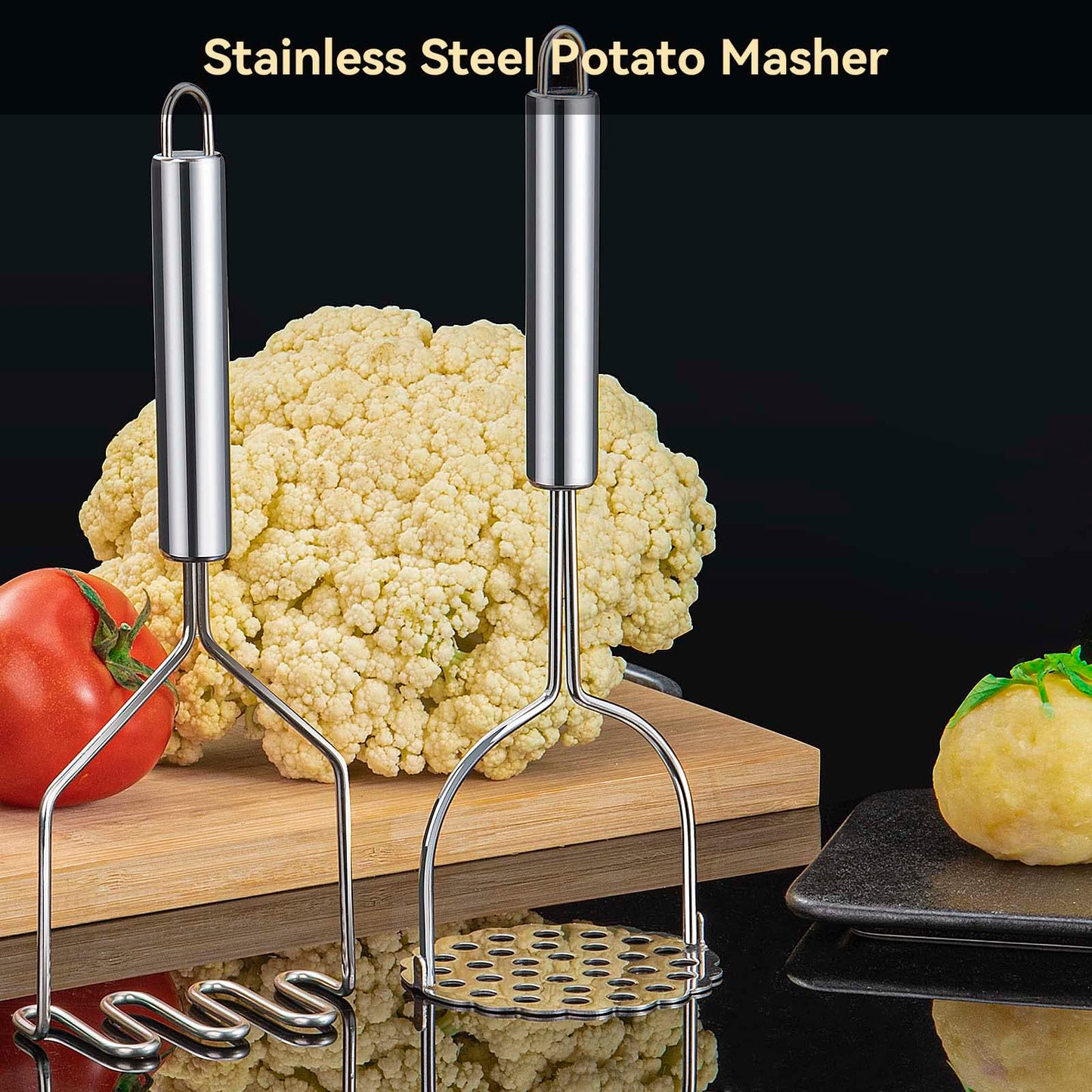 VOOVAO 2 Pcs Potato Smasher, Mashed Potato Masher, Stainless Steel Masher Kitchen Tool for Avocado, Bean, Fruit, Vegetables, Food