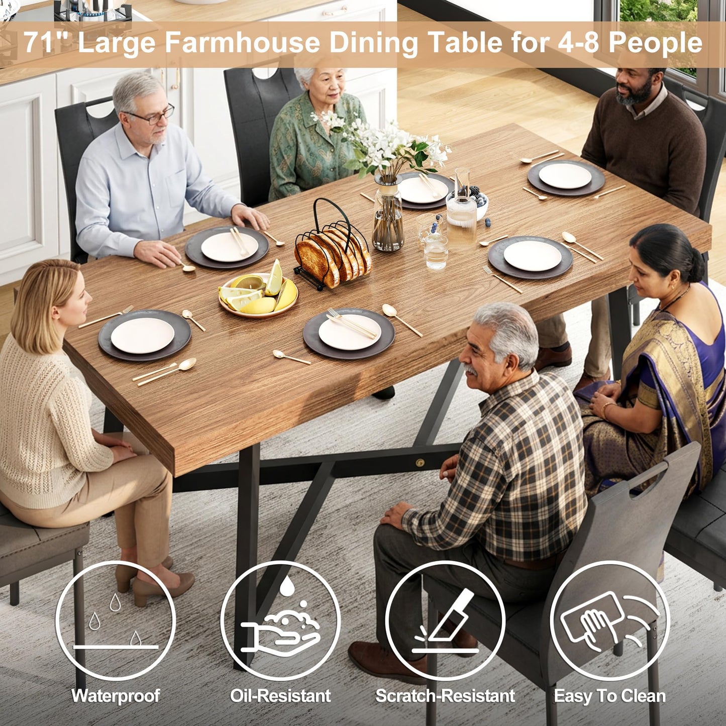 71" Farmhouse Dining Table for 4,6,8 People,Wooden Rustic Kitchen Table W/Thickness Waterproof Wood Tabletop,Rectangular Long Brown Dinner Table for Home Office,Dining Room,Living Room Furniture