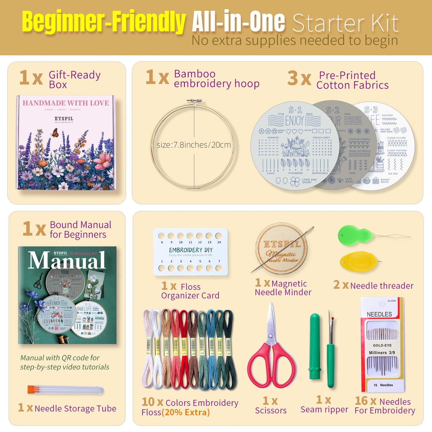 ETSPIL Embroidery Kit for Beginners, Easy Step-by-Step 4K Video Tutorials for Adults to Master 33 Core Stitches, Bound Guide & Magnetic Minder, Relaxing DIY Craft Hobby Gift for Women