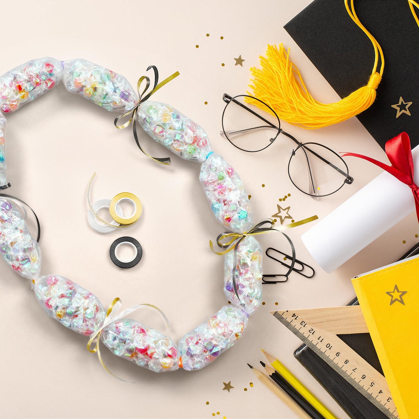 Graduation Candy Lei Making Kit Class of 2026 DIY Lei PE Bags Tubing Money Leis 2026 Graduation Ribbon Necklace Include 2 x 5 ft PE Bags 90 Pcs Flower Accessories for Grad Party Supplies (Gold, Black)