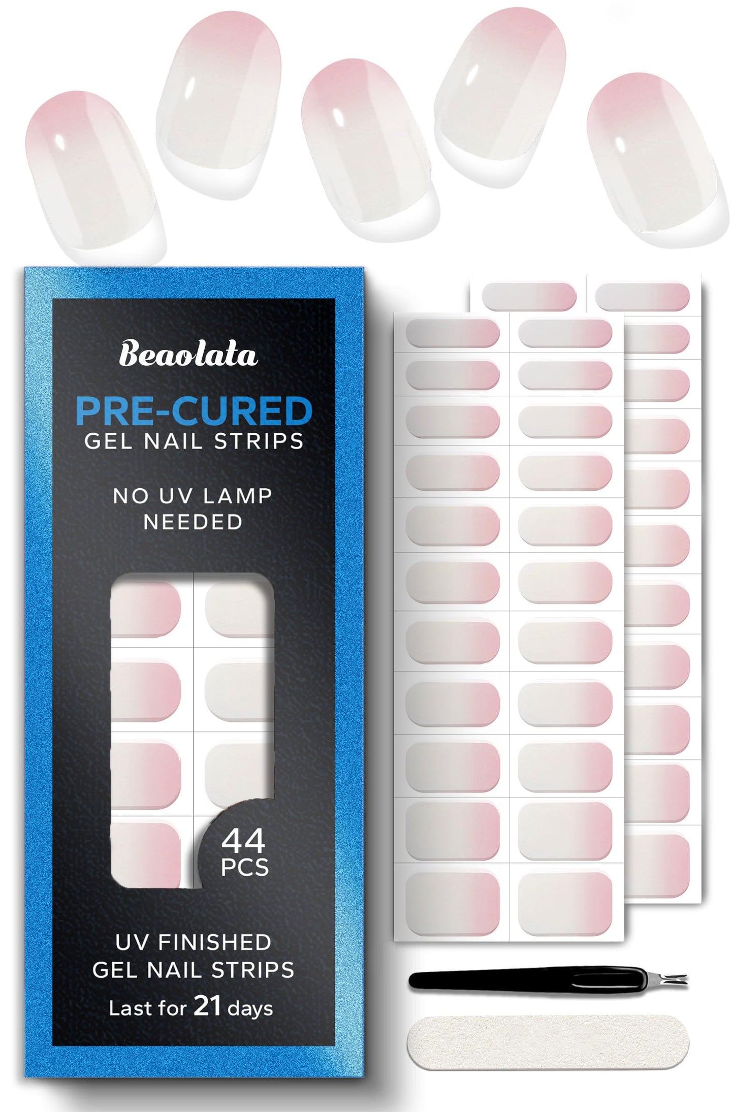 Beaolata Real Gel Nail Strips (No UV Light Needed) - 44Pcs Salon Quality Nail Stickers - Long Lasting Polish Wraps for Women, Easy Apply & Remove (Soft Swirl Pink)