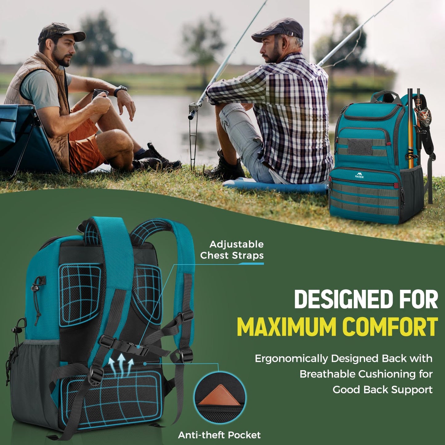 MATEIN Fishing Tackle Box Backpack, Water Resistant Tackle Backpack Fishing Bags with Cooler & Rod Holders, Large Fish Storage Gear Accessories, Fish Gifts for Men, Icy Blue & Grey