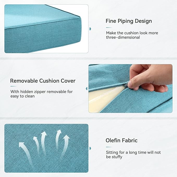 Luxury 6" Outdoor Cushions for Patio Furniture, 24x24x6" Thick Seat Cushion Set of 8, Fade Resistant Couch Chair Replacement Cushions High Density Deep Wicker Chair Cushion w/ Removable Cover, Teal