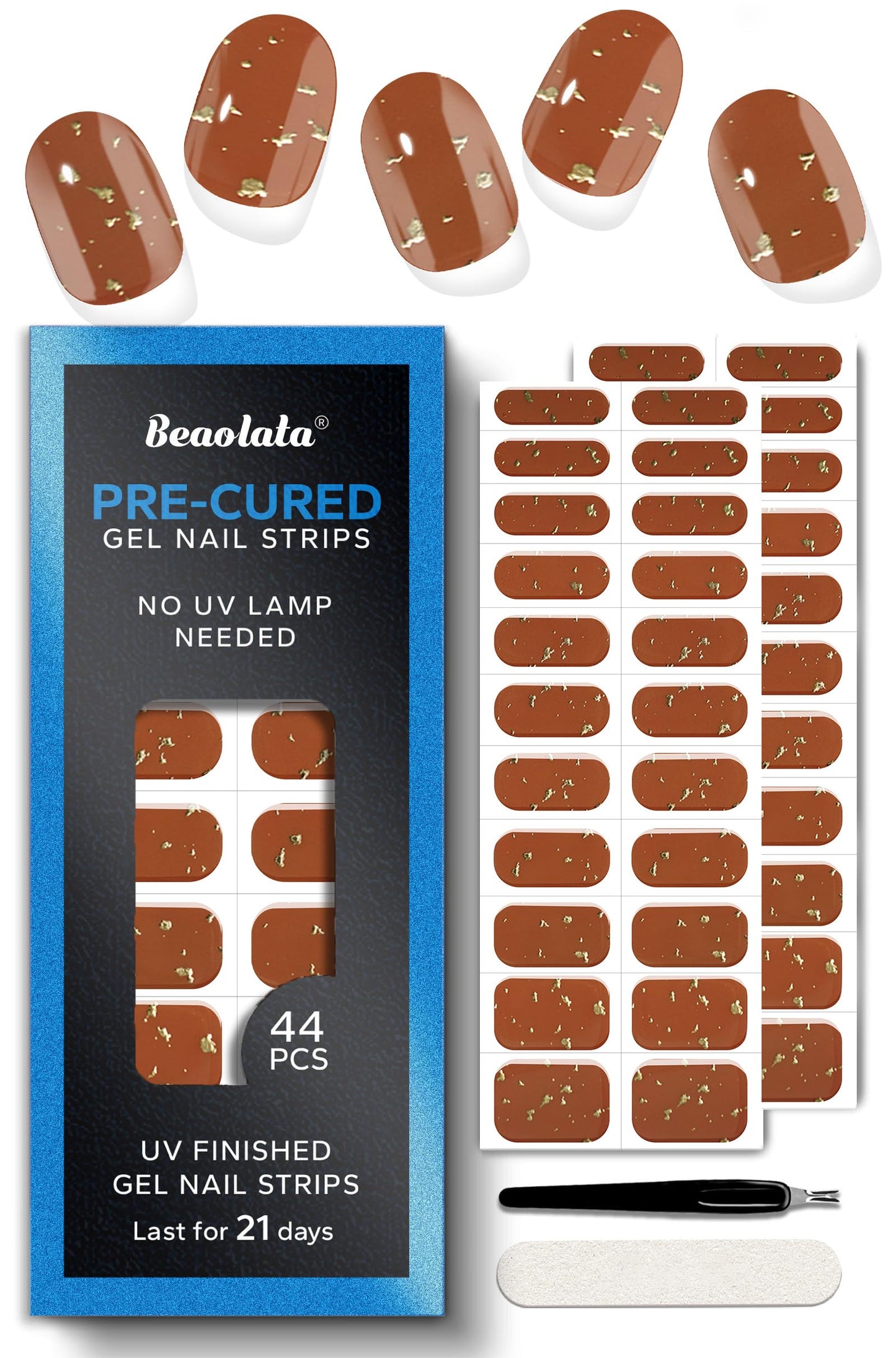 Beaolata Real Gel Nail Strips (No UV Light Needed) - 44Pcs Salon Quality Nail Stickers - Long Lasting Polish Wraps for Women, Easy Apply & Remove (Brown Metallic Flakes)