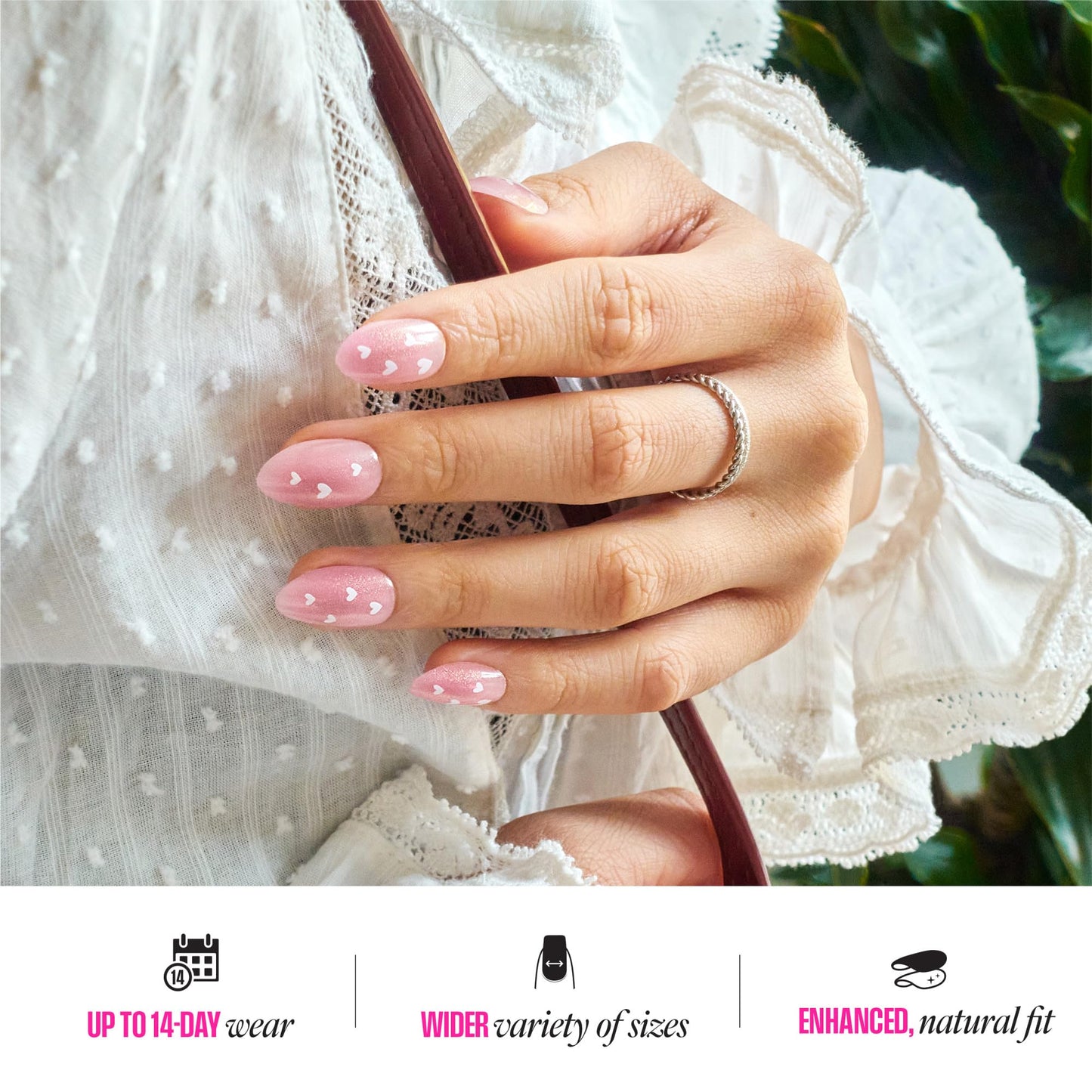 Kiss LOVE, Press On Nails, Nail glue included, 'My Forever Valentine', Pink, Medium Size, Almond Shape, Includes 32 Nails, 2g Glue, 1 Manicure Stick, 1 Mini File