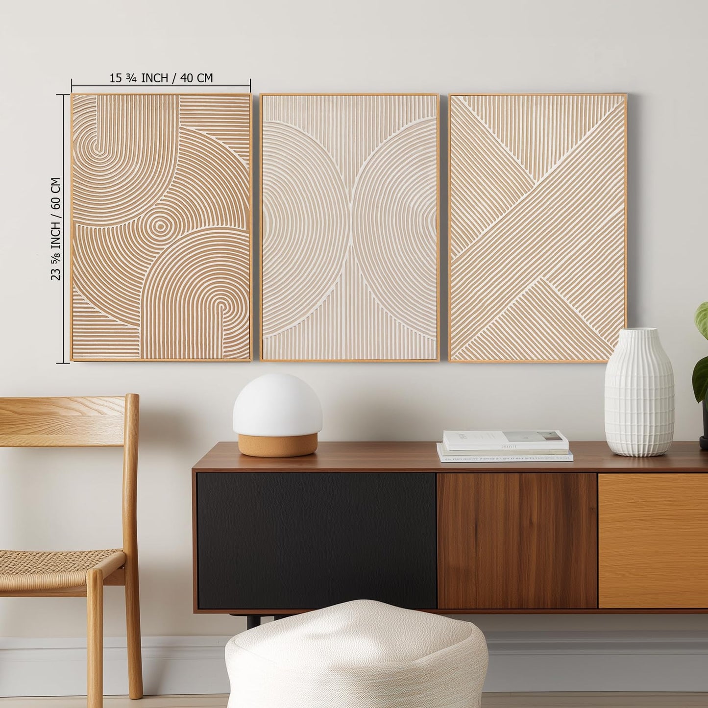 Zessonic Neutral Minimalist Textured 3D Wall Art Abstract Hand-Painted Framed Wall Decor Geometric Artwork Canvas Paintings- Living Room Bedroom Office - Modern Boho Neutral Line 16"x24" 3 piece