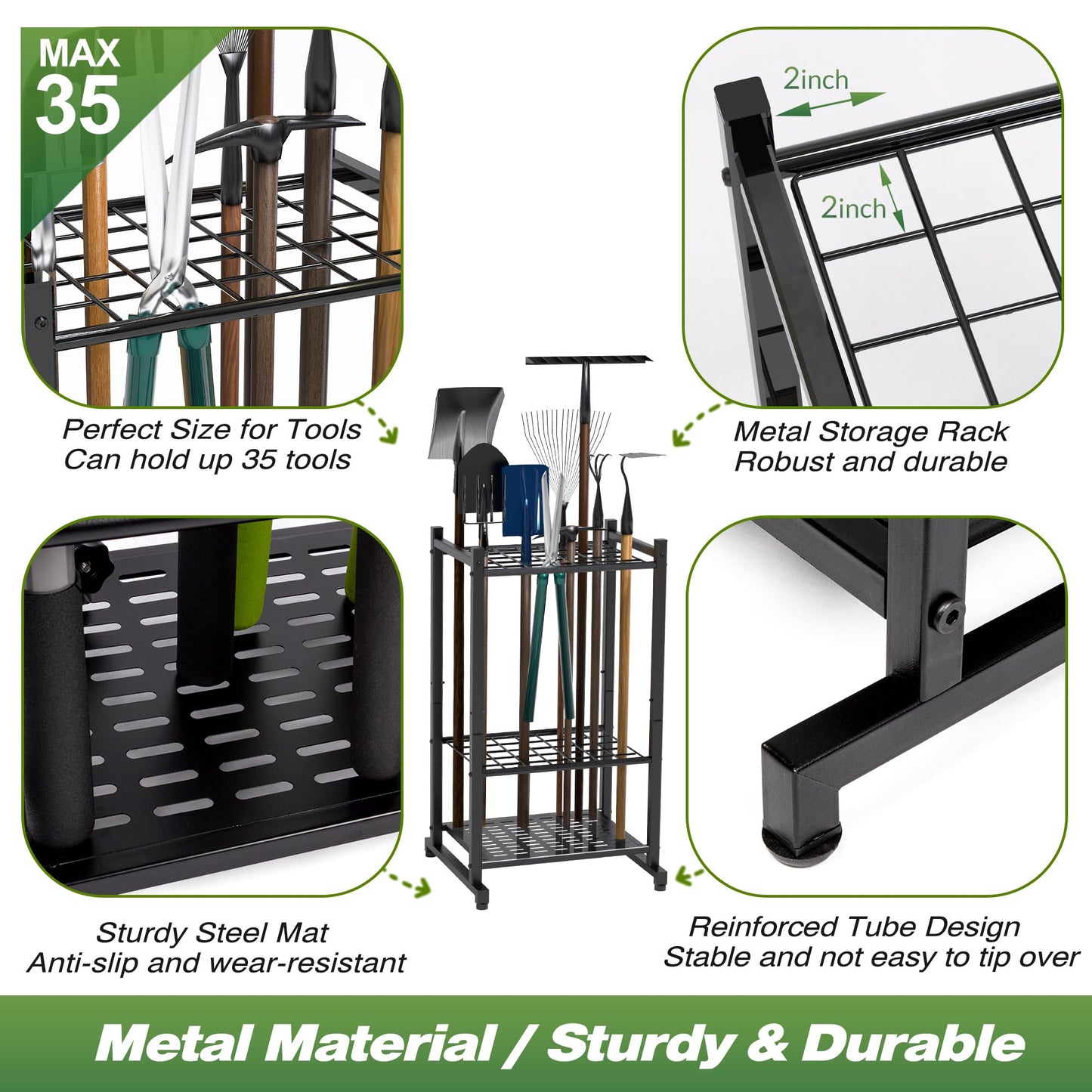 Garden Tool Organizer, Yard Tool Tower Rack for Garage Organization and Storage, Up to 35 Long-Handled Tools/Rakes/Brooms, Heavy Duty Steel Garden Tool Stand for Shed, Outdoor, Black