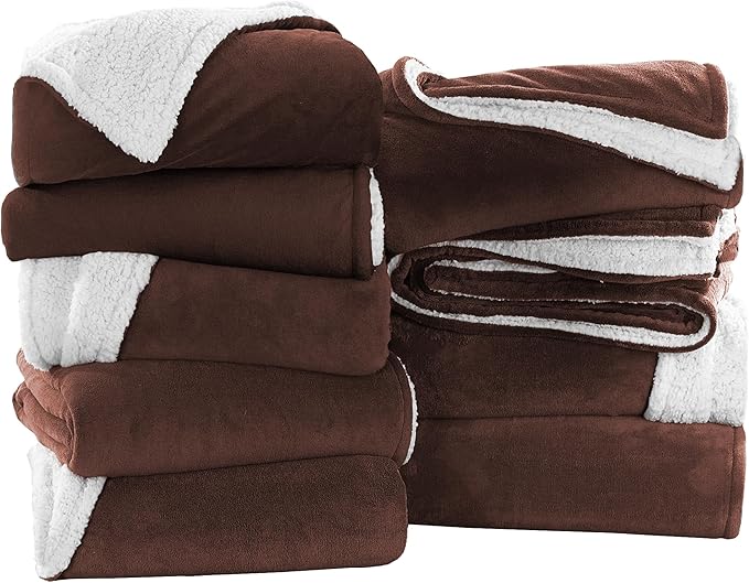 IR Imperial Rooms Coffee Sherpa Blankets Queen Size for Bed - Wholesale Bulk Pack of 9 Sherpa Blankets - Soft Fluffy Throw Blanket for Hotels, Guest Bedroom, 90x90 Inches