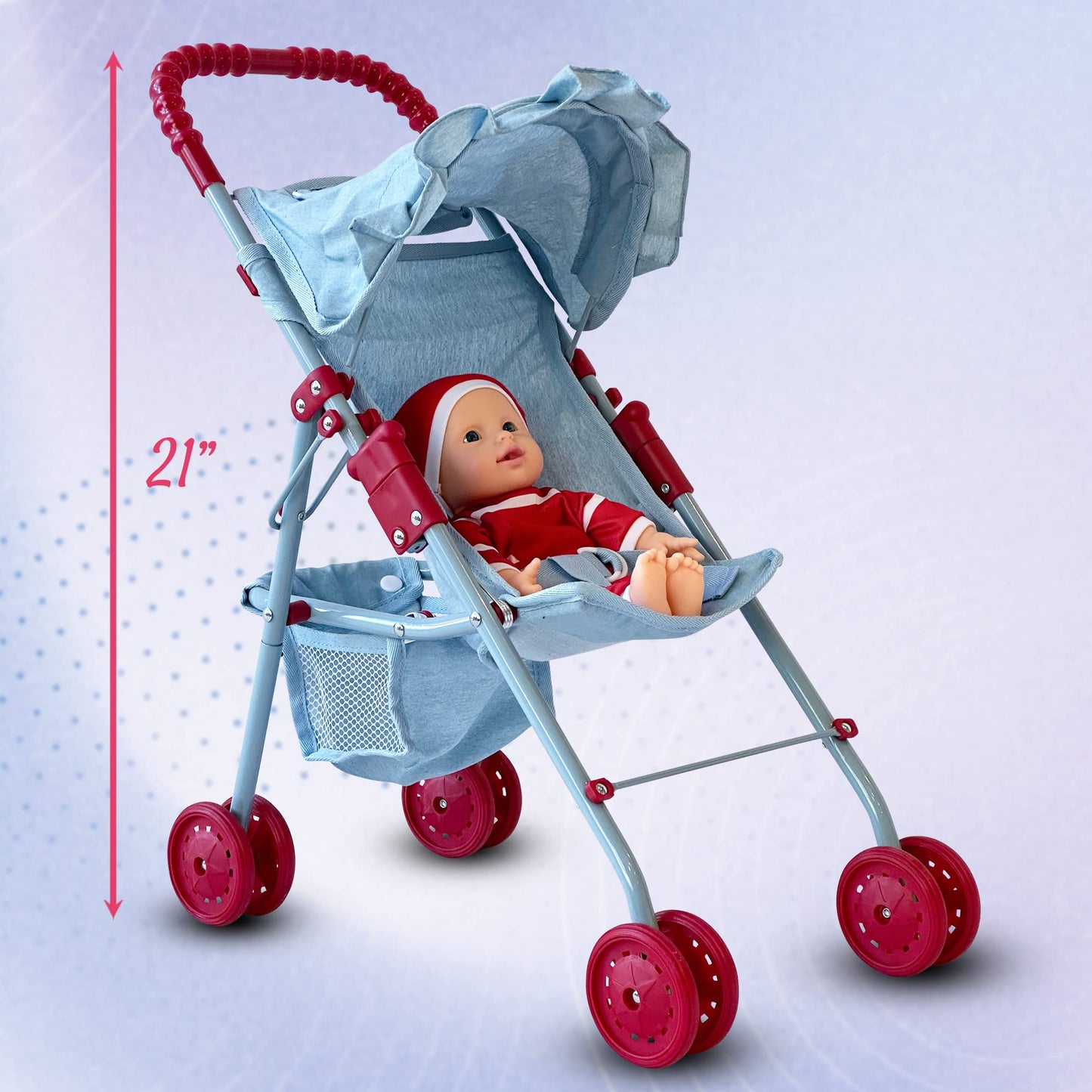 My First Baby Doll Stroller for Toddlers 3 Year Old Girls, Little Kids | Folding Baby Stroller for Dolls, Toy Stroller for Baby Dolls with Bottom Storage Basket, Foldable Frame, Canopy, Seatbelt