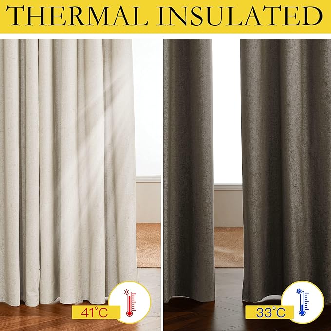 NICETOWN 100% Blackout Linen Texture Curtains 80" Long, Beige, 2 Pcs, Thermal Insulated Full Blackout 2-Layer Lined Drapes, Energy Efficiency Window Draperies for Boy's Room