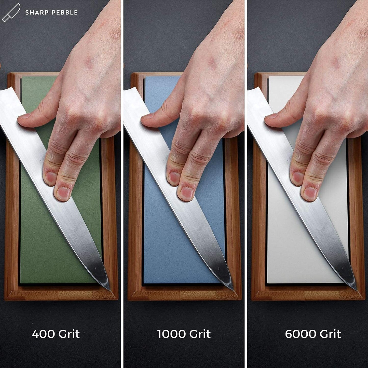 Sharp Pebble Extra Large Sharpening Stone Set - Whetstone Knife Sharpener Set - Grits 400/1000/6000 Waterstone, Flattening Stone & Angle Guide