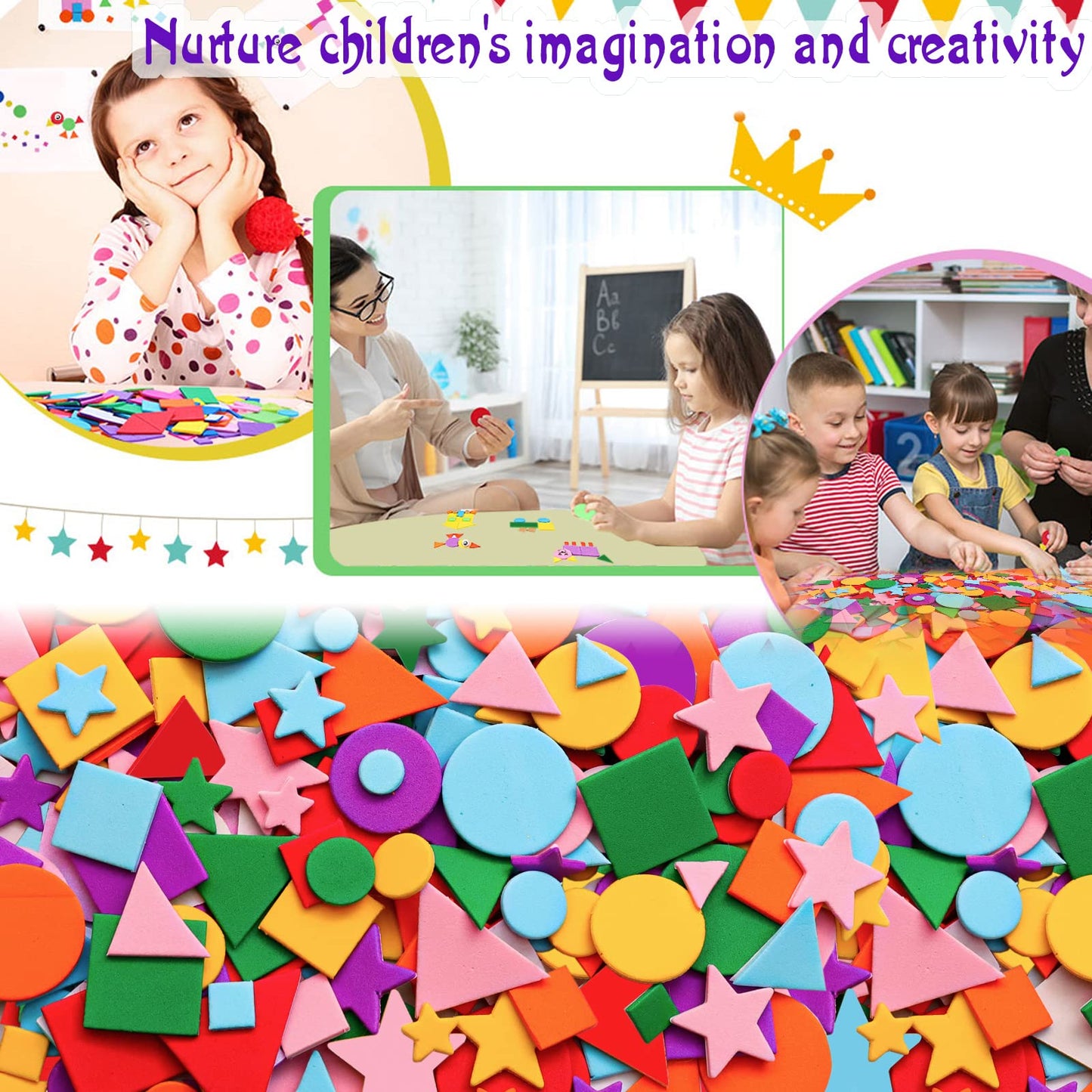 Gushu 1500Pcs Foam Stickers Foam Shapes Stickers for Kids,10 Colors Self Adhesive Craft Supplies Geometric Stickers with Googly Eyes for Preschool Craft DIY Program (Circle, Square, Triangle, Star)