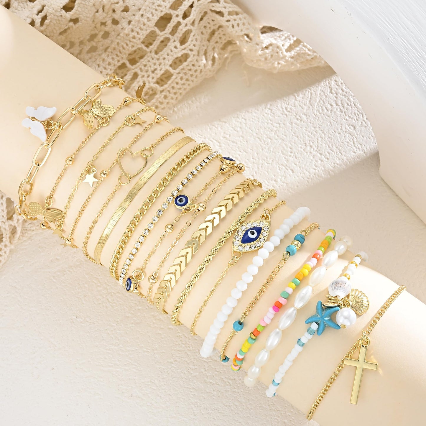 17KM 18PCS Gold Ankle Bracelets for Women, Boho Shell Bead Cuban Link Chain Waterproof Gold Anklets Set, Adjustable Layered Anklets for Women Beach Jewelry Gift