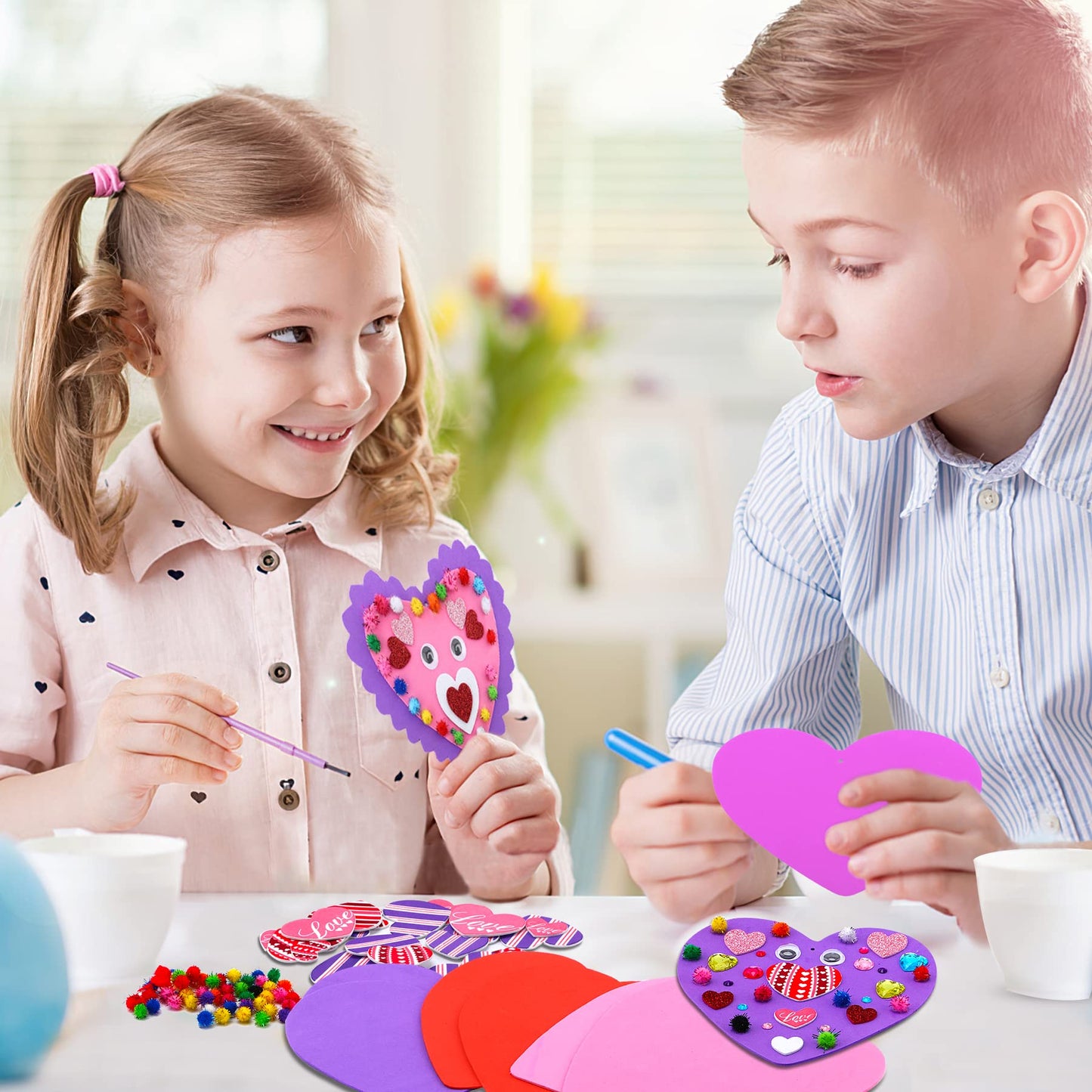 JULBEAR 700 Pcs Valentine's Day Foam Heart Ornaments Craft DIY Kit with Foam Hearts Self-Adhesive Stickers Glitter Pom-poms Wiggle Googly Eyes Satin Cords for Kids Valentine Decoration Craft Supplies