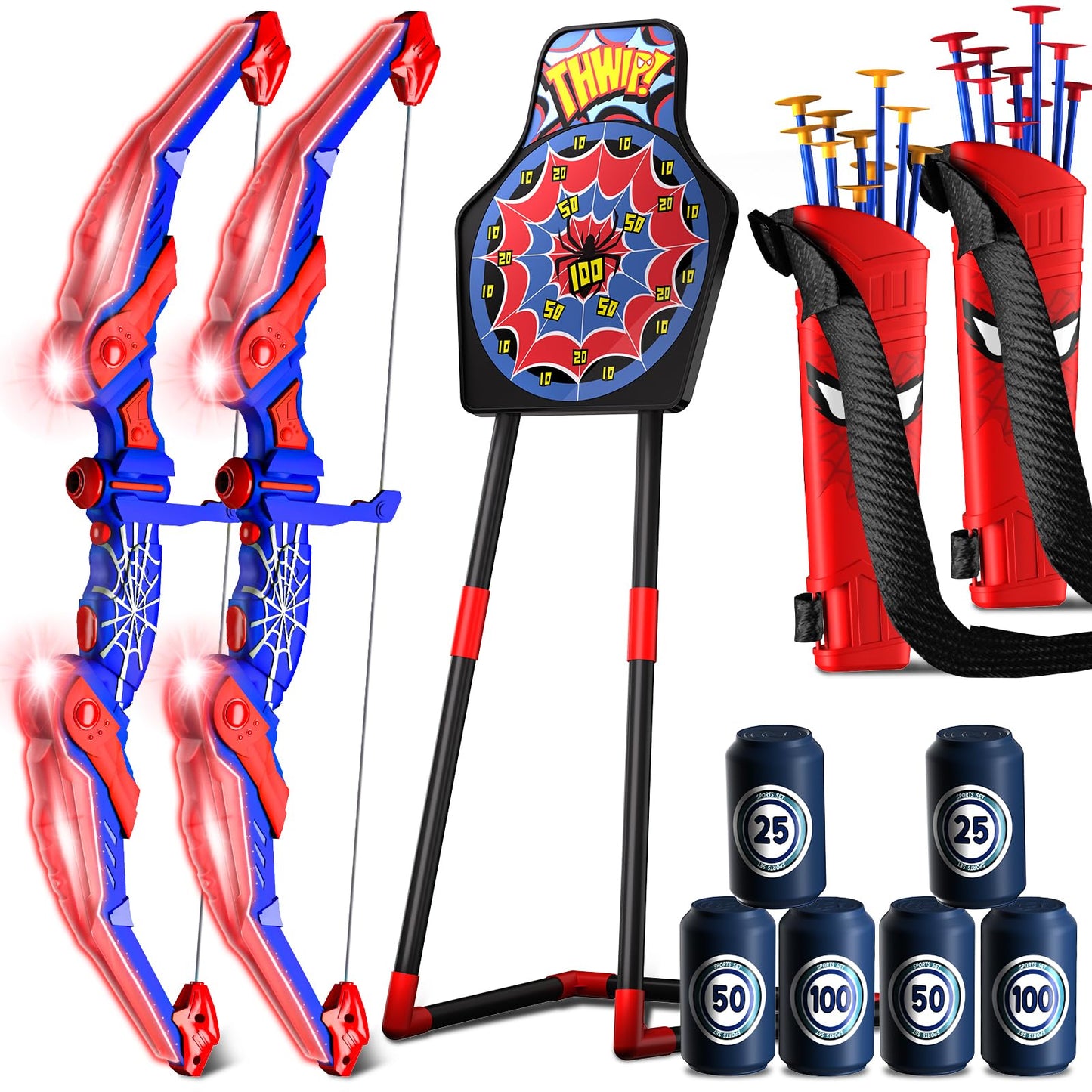 Motivekit Spider Bow and Arrow Set for Kids, 2 Pack Led Archery Set, Bow Arrow Set with 20 Suction Cup Arrows, Target with Stand & 6 Target Cans, Birthday Gift Bow and Arrow Set for Kids 4-6