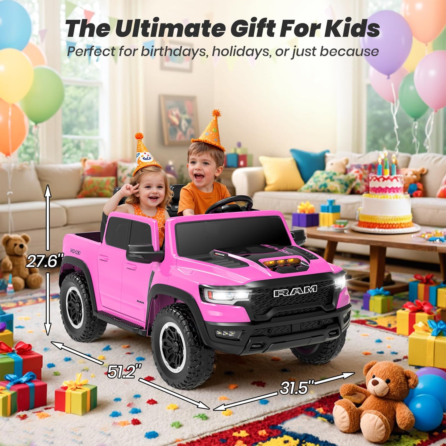 Segmart Licensed RAM 1500 RHO 2 Seater Electric Car, 24V Ride on Car for Big Kids with Remote Control, Toddler Ride on Toy w/4 Wheels Suspension, LED Lights, Bluetooth, Soft Start Function (Pink)