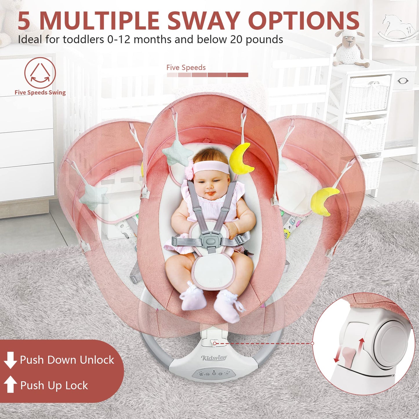 Pink Electric Baby Swing for Infants to Toddlers, 5 Speed Settings, 12 Built-in Songs, Bluetooth & USB Music, Timer Function, Adjustable Baby Swing for Nursery Use