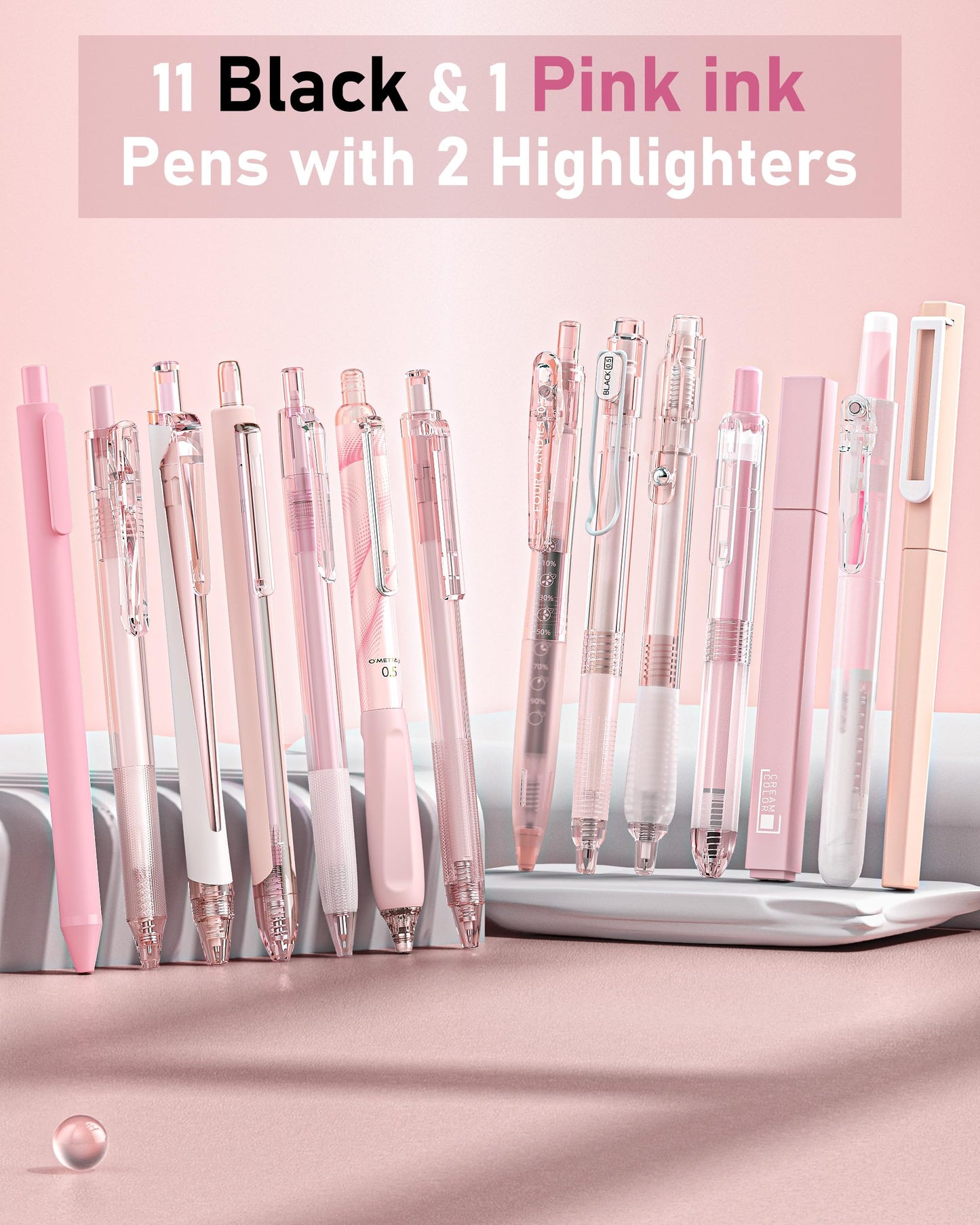 Four Candies Writing Ink Pens with Black & Pink Ink and 2Pack Highlighter, Cute Retractable 0.5mm Smooth Writing Pens,Pink Pens for School, Office Girly Stationery Aesthetic Desk Accessories Set of 14