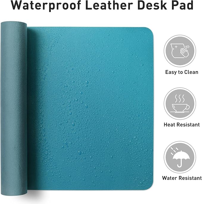 Aothia Leather Desk Pad Protector, Mouse Pad, Office Desk Mat, Non-Slip PU Leather Desk Blotter, Laptop Desk Pad, Waterproof Desk Writing Pad for Office and Home (Turquoise,31.5" x 15.7")