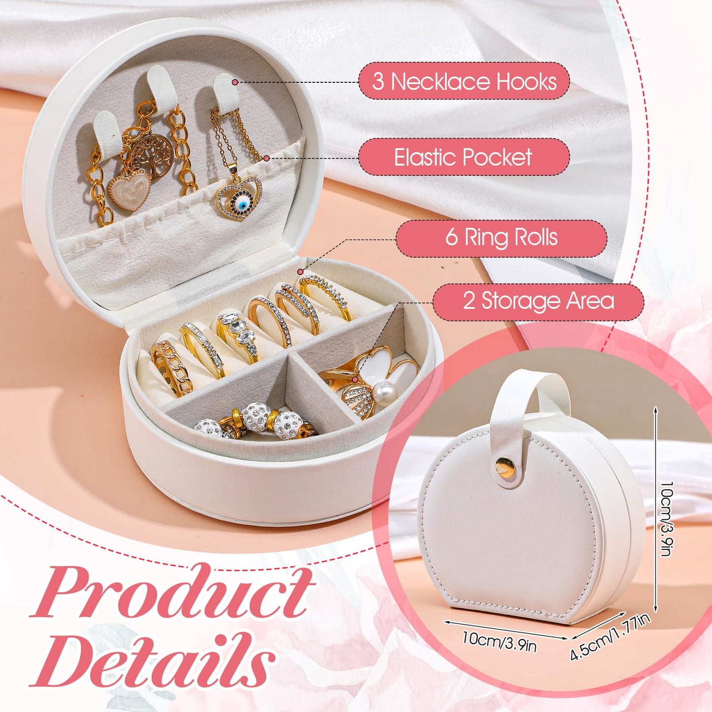 Nodaaiie 8 Pcs Travel Jewelry Case, Mini Leather Jewelry Organizer Box with Detachable Handle for Women and Teens, White