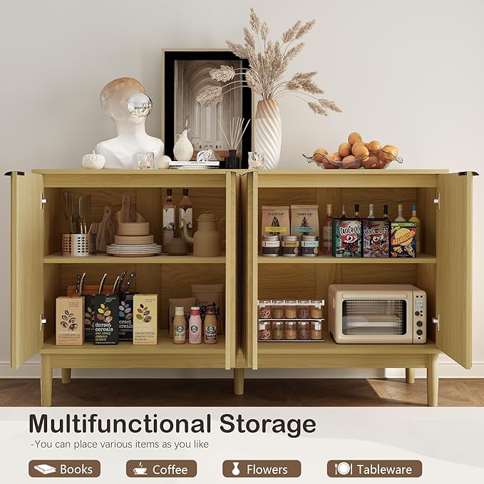 Buffet Cabinet with Storage, Sideboard Cabinet with Fluted Door, Kitchen Buffet Storage Cabinets with Adjustable Shelves, Sideboard Cabinets for Living Room, Entry, Hallway, Natural