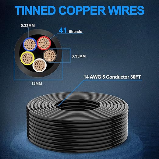 NAOEVO 14 Gauge Wire 5 Conductor Electrical Wire, 14 AWG Stranded PVC Cord, 12V Low Voltage/Tinned Copper/Flexible Cable for Automotive Wiring, Lamp Cord, Marine Cable (30FT)