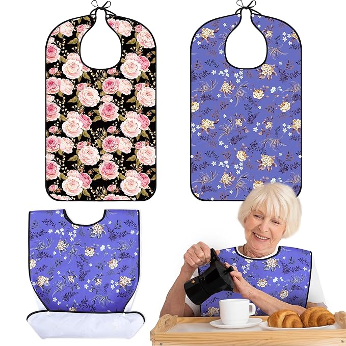 XKDOUS 2 Pack Blossom Adult Bibs for Man and Women,Machine Washable Adult Bibs for Eating with Optional Crumb Catcher,Waterproof and Reusable Dining Clothing Protector, Gifts for Man/Women/Mom