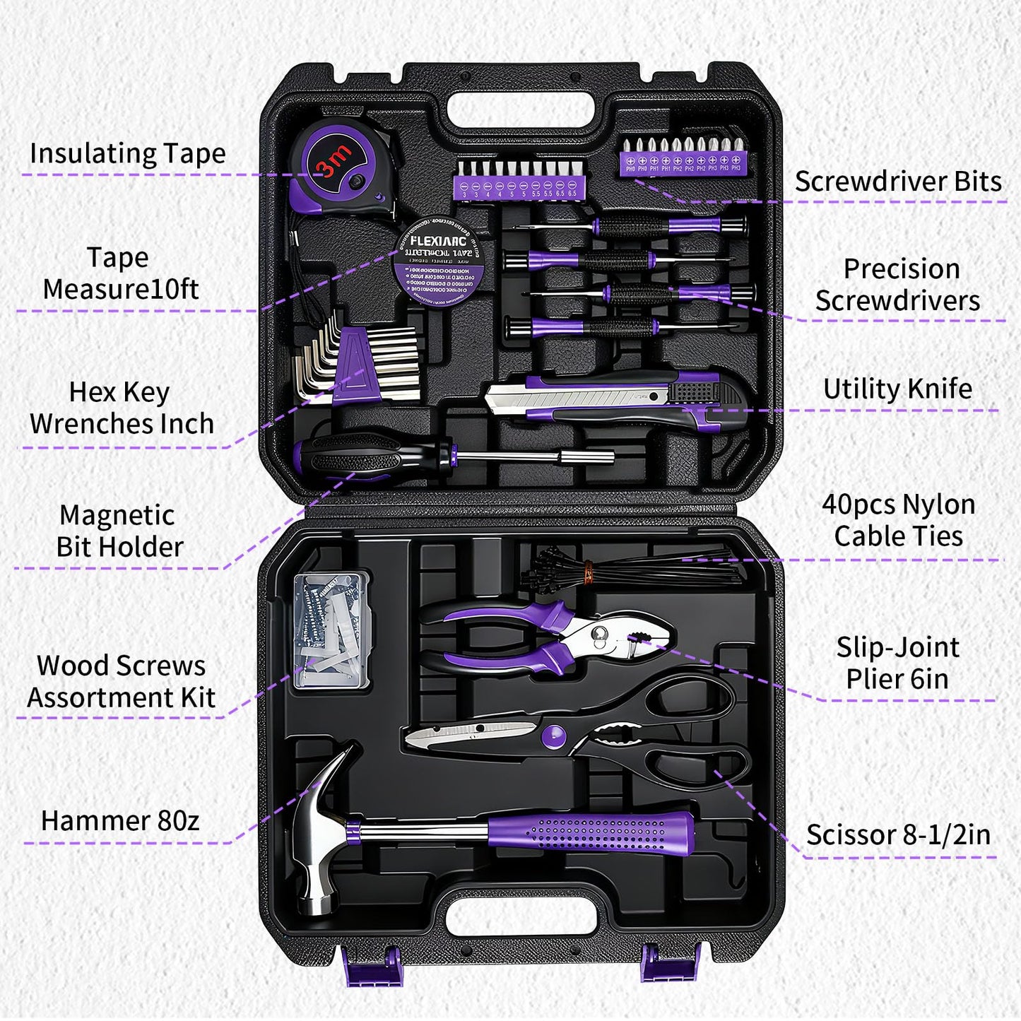 FlexiArc General Household Tool Set - Purple Hand Tool Kit with Waist Pouch & Gloves, Tool Kit for Women Everyday Home Repairs, DIY and Crafts, 112 pcs